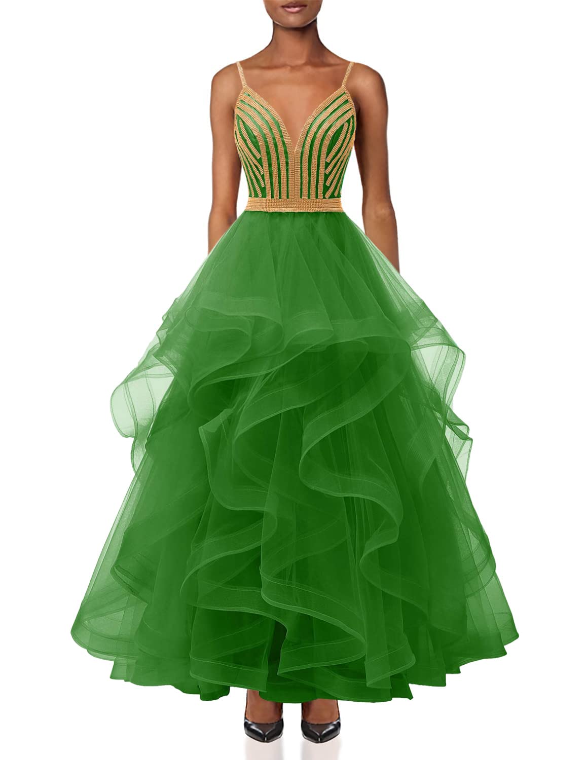 Chupeng Women's Gold Crystal Tiered Tulle Prom Dress - Elegant Spaghetti Strap Long Formal Evening Gown for Party, Cocktail, Ball & Wedding (Perfect for Prom Night, Homecoming, Quinceañera & Special Occasions)