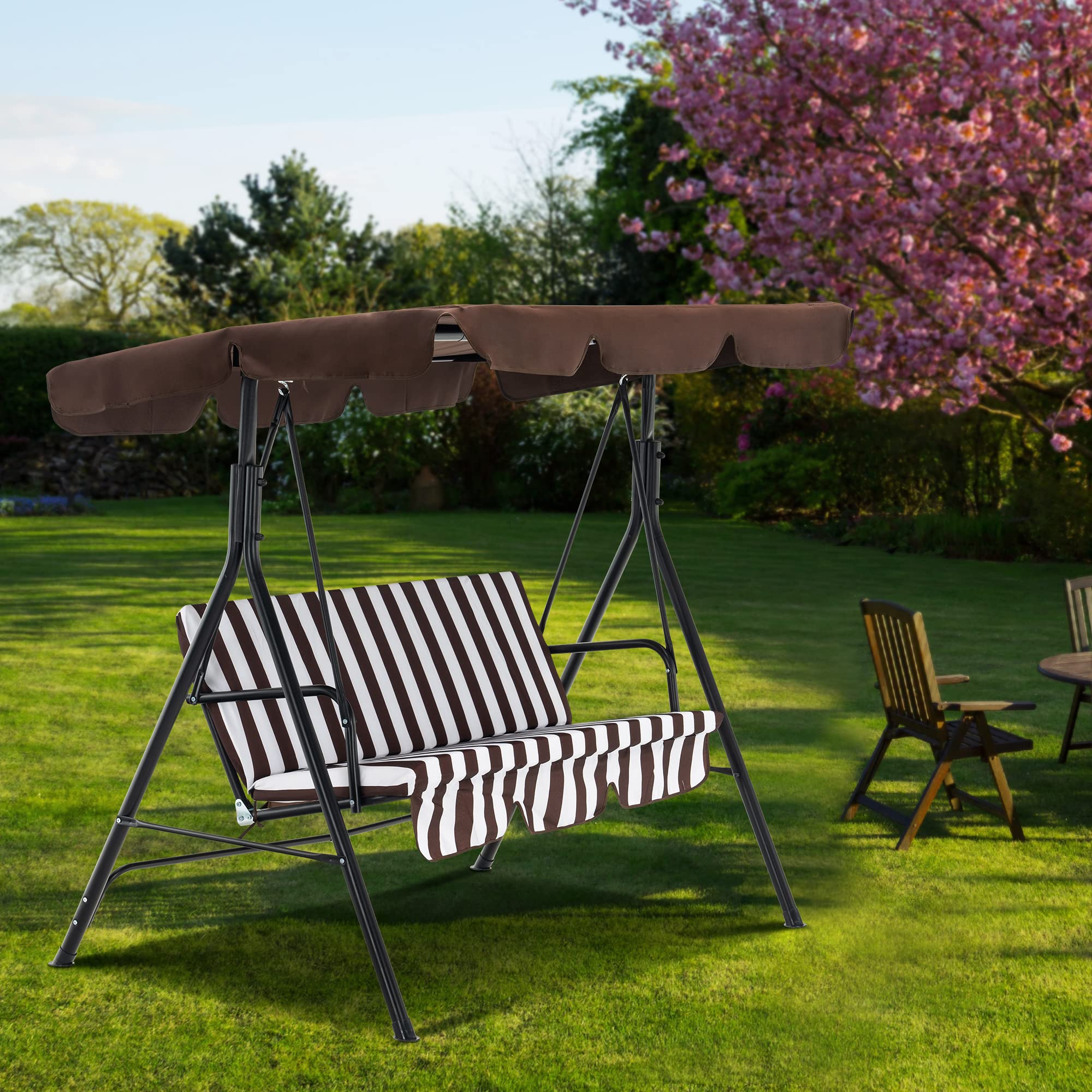 MCombo 2-3 Person Outdoor Patio Swing Chair with Canopy & Steel Stand - Removable Cushions, Weather-Resistant, for Backyard, Garden, Balcony, Porch (Brown with White Stripes) - Perfect for Relaxing, Lounging & Enjoying Summer Breezes