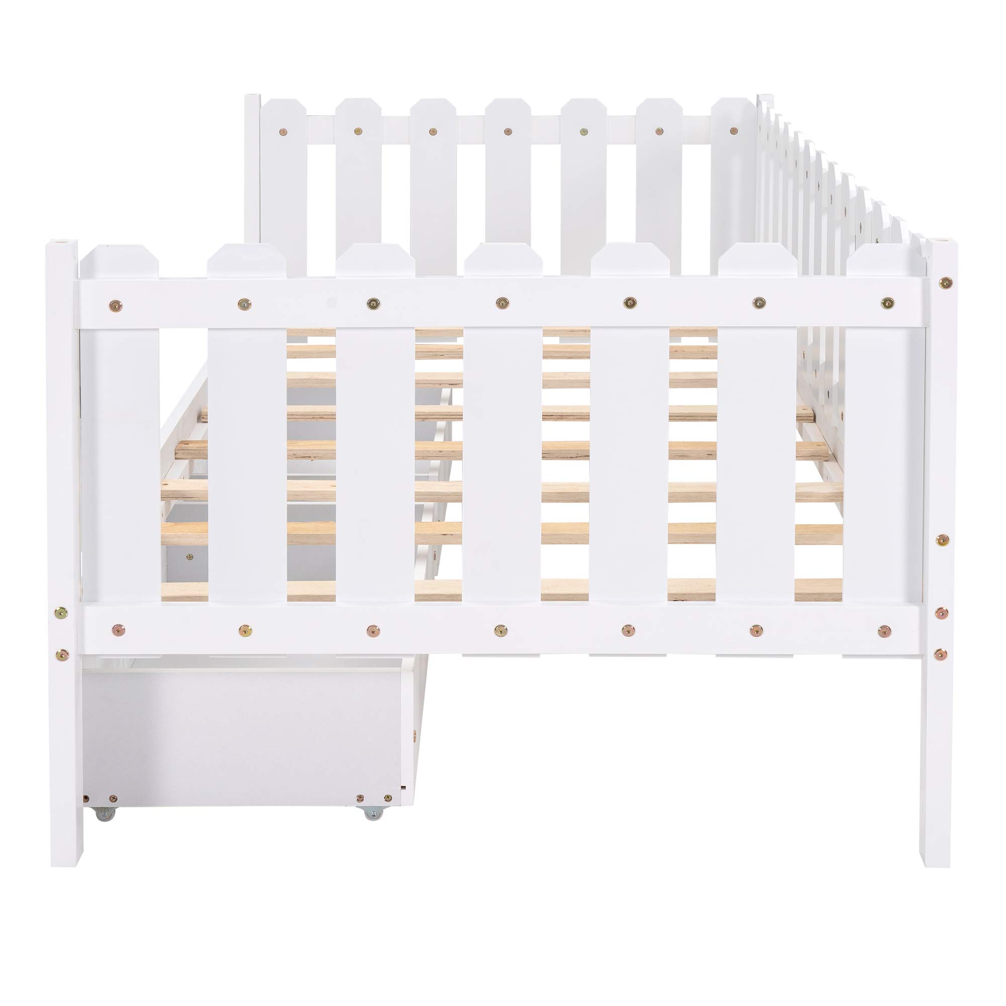 KLMM Twin Daybed with 2 Storage Drawers - Solid Wood Sofa Bed Frame for Small Spaces - Rustic Style Convertible Bed for Bedroom, Living Room or Guest Room (White) - Perfect for Apartments, Dorms & Home Offices