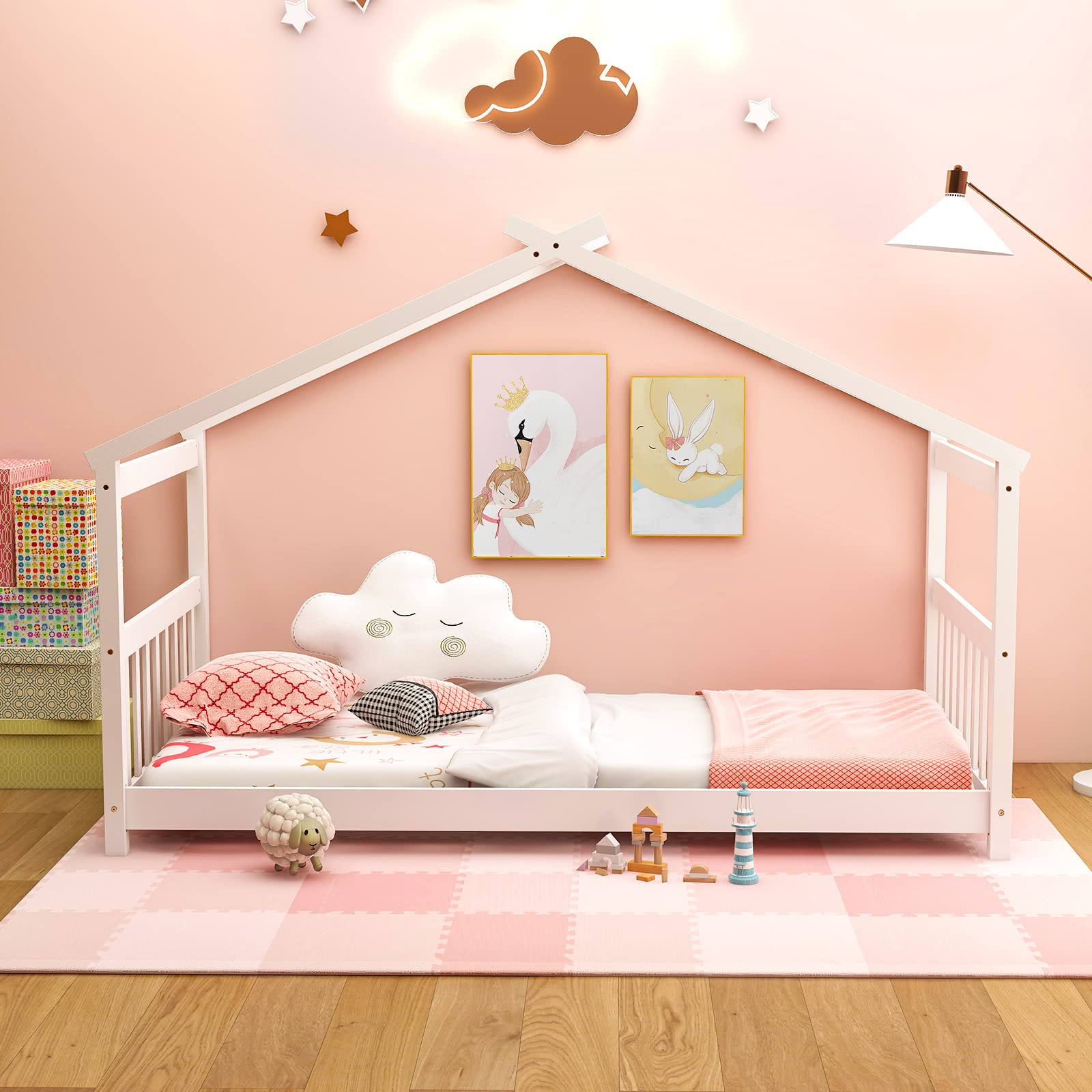 **Giantex Solid Wood Twin House Bed with Roof - Low Floor Kids Bed Frame for Toddlers, Teens, Boys & Girls - No Box Spring Needed - White - Perfect for Nursery, Playroom & Cozy Bedroom Decor**