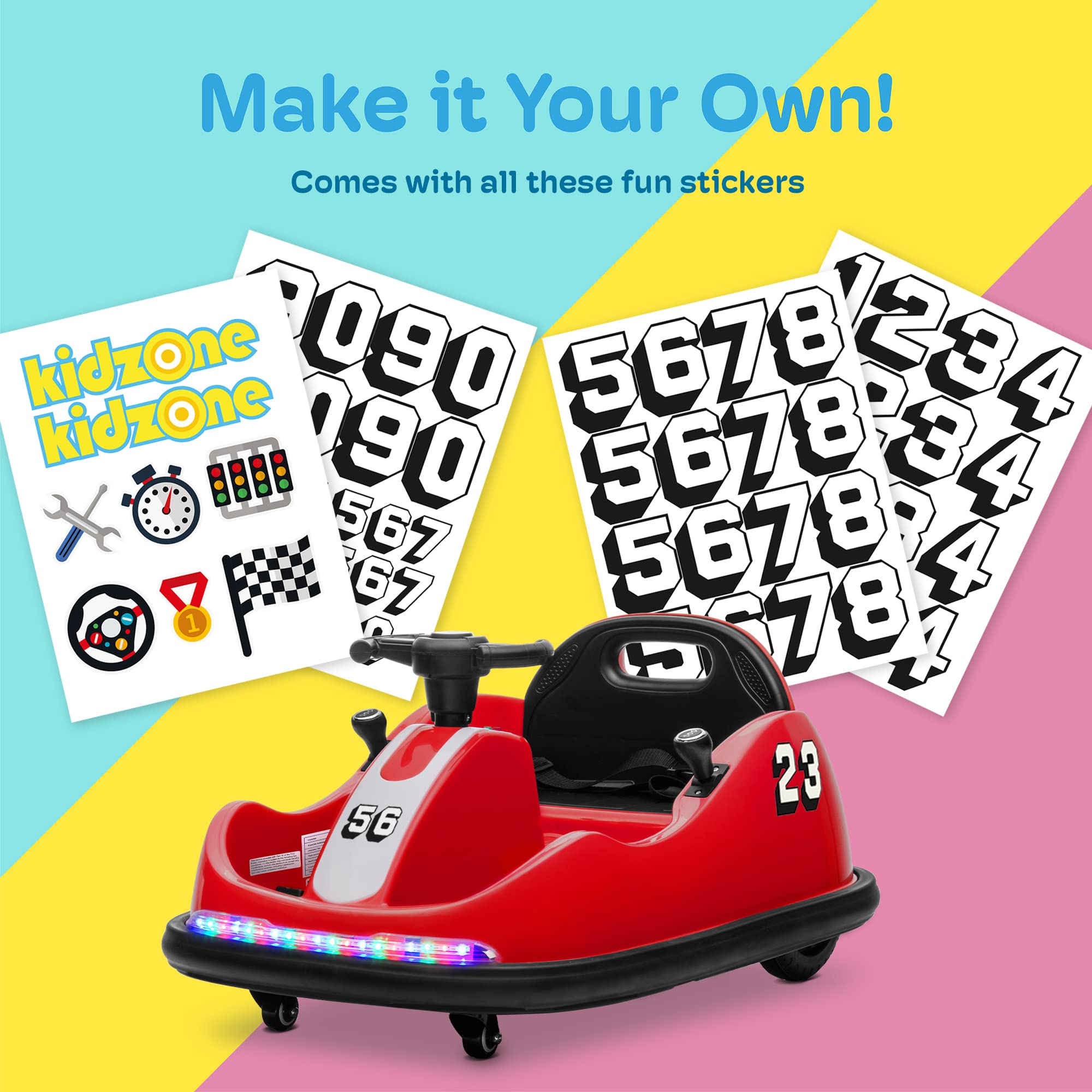 Kidzone 12V Ride On Bumper Car for Kids 1.5-6 Years Old - 2 Driving Modes (Steering Wheel & Joystick), 360° Spin, Remote Control & LED Lights - Perfect for Indoor/Outdoor Play, Birthday Gifts & DIY Sticker Fun