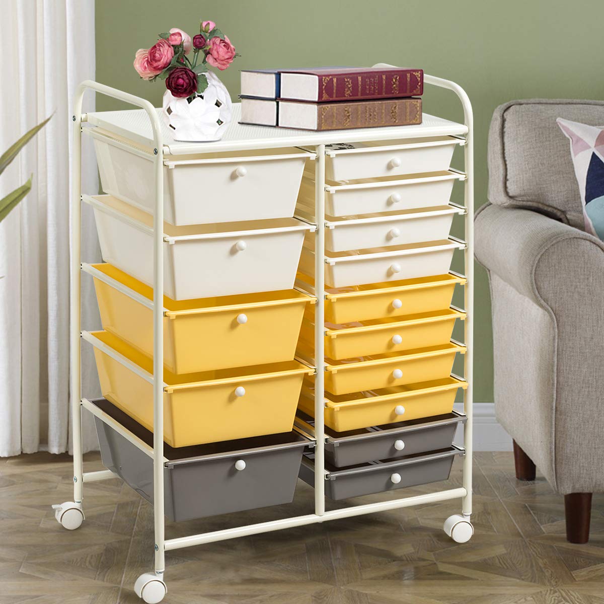 Byroce 15-Drawer Rolling Storage Cart - Mobile Organizer for Art Supplies, School Tools & Office Paper - Yellow Multipurpose Rolling Utility Cart for Classroom, Craft Room & Home Office Organization | Perfect for Teachers, Artists & Remote Workers
