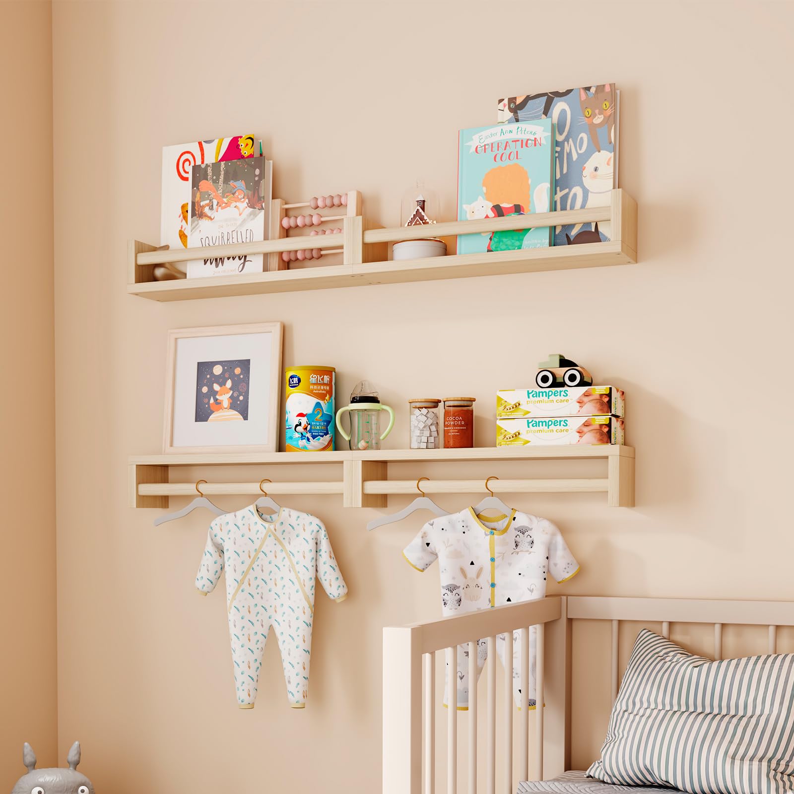 2 Pack Floating Shelves for Kids Room, Nursery, Bathroom, Bedroom, Living Room, Kitchen & Office - Solid Wood Wall Mounted Display Shelves for Books, Decor & Organizing
