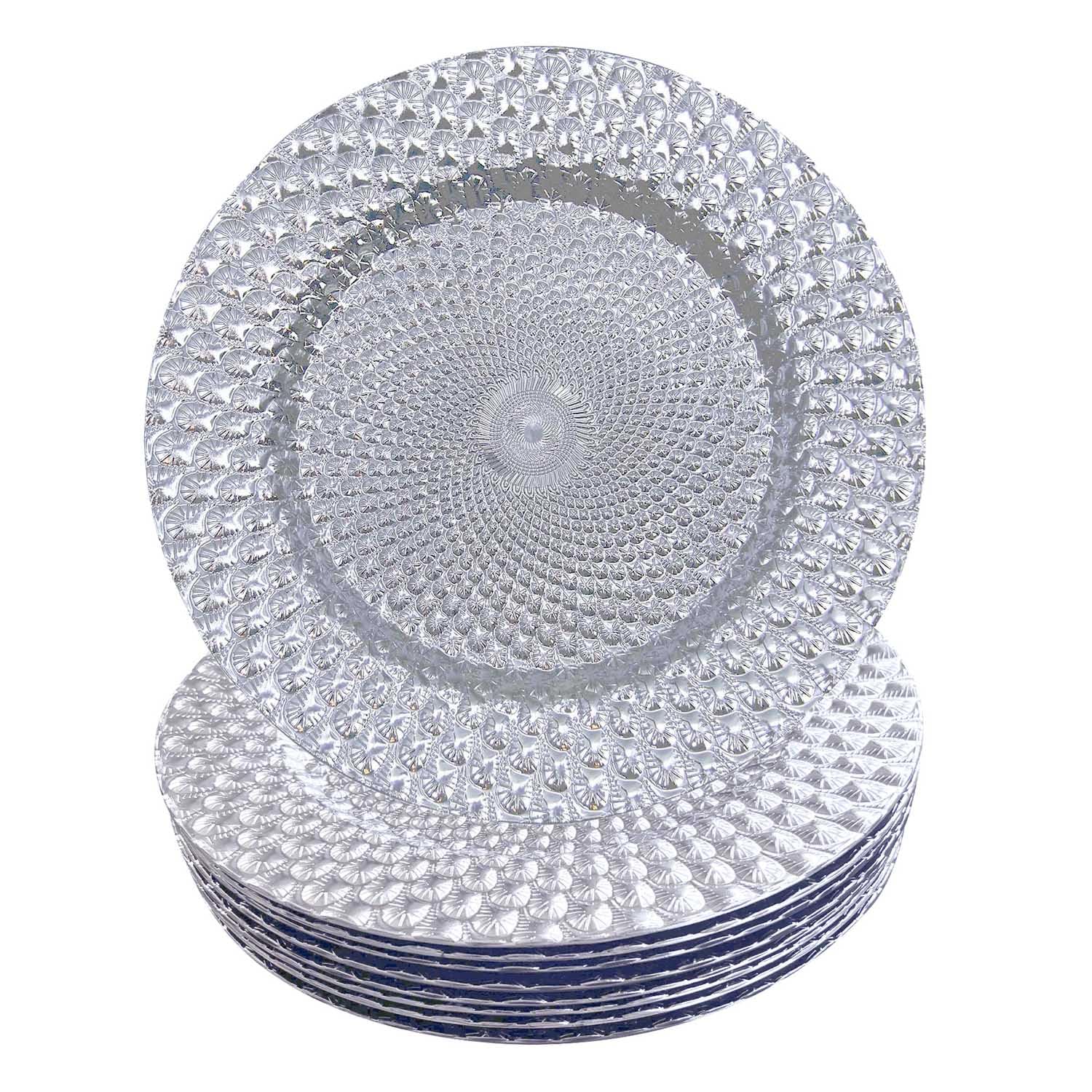 WELMATCH Silver Plastic Peacock Charger Plates - Set of 12, 13 Inch Round Decorative Dinner Plates for Wedding, Party, and Special Events (Peacock Silver)