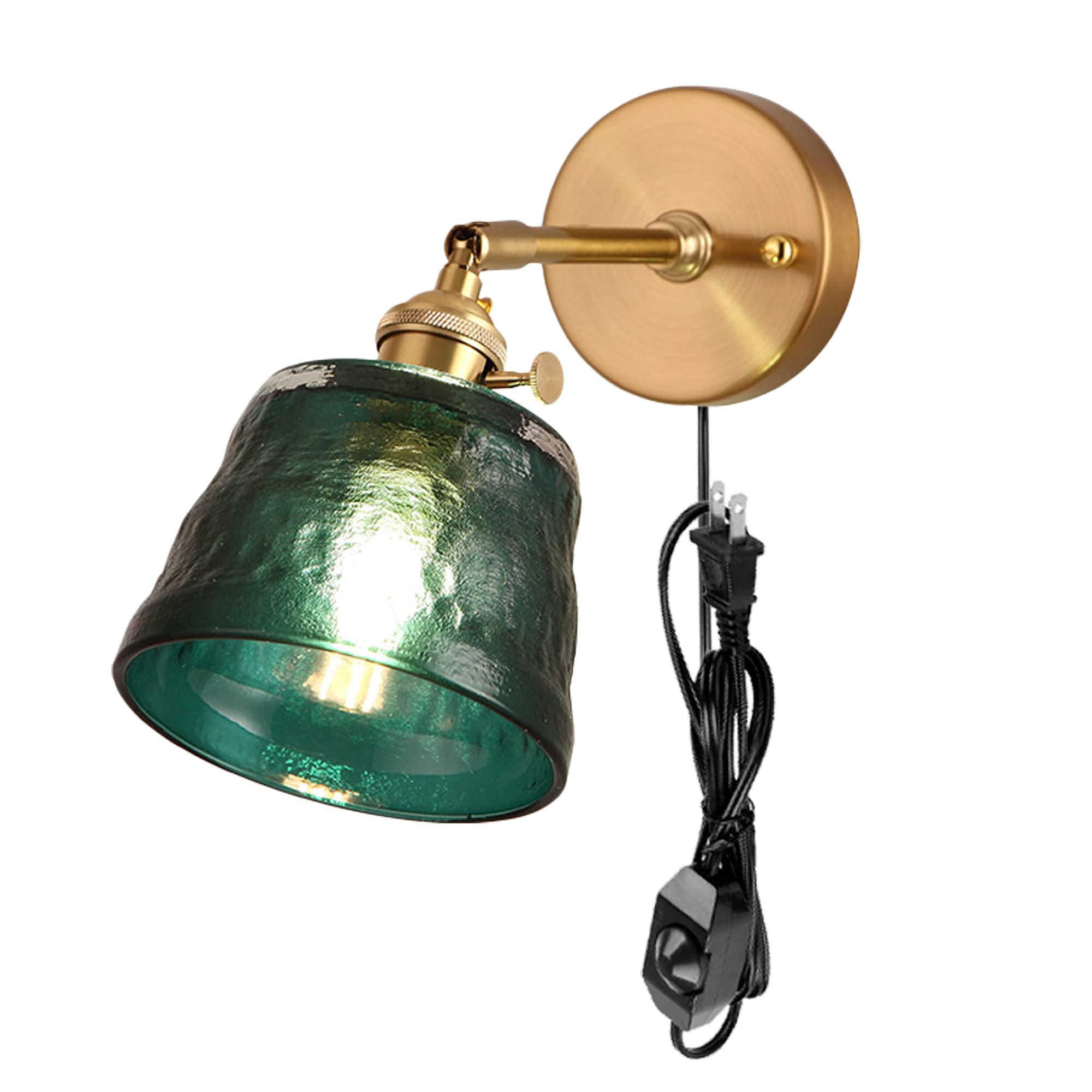 Adjustable Wall Sconce with UL Plug-in Cord - Dimmable E26 Bronze Base Reading Light with Rotating Switch & Green Glass Shade - Perfect for Bedroom, Hallway, Kitchen Island, Bathroom and Office Lighting