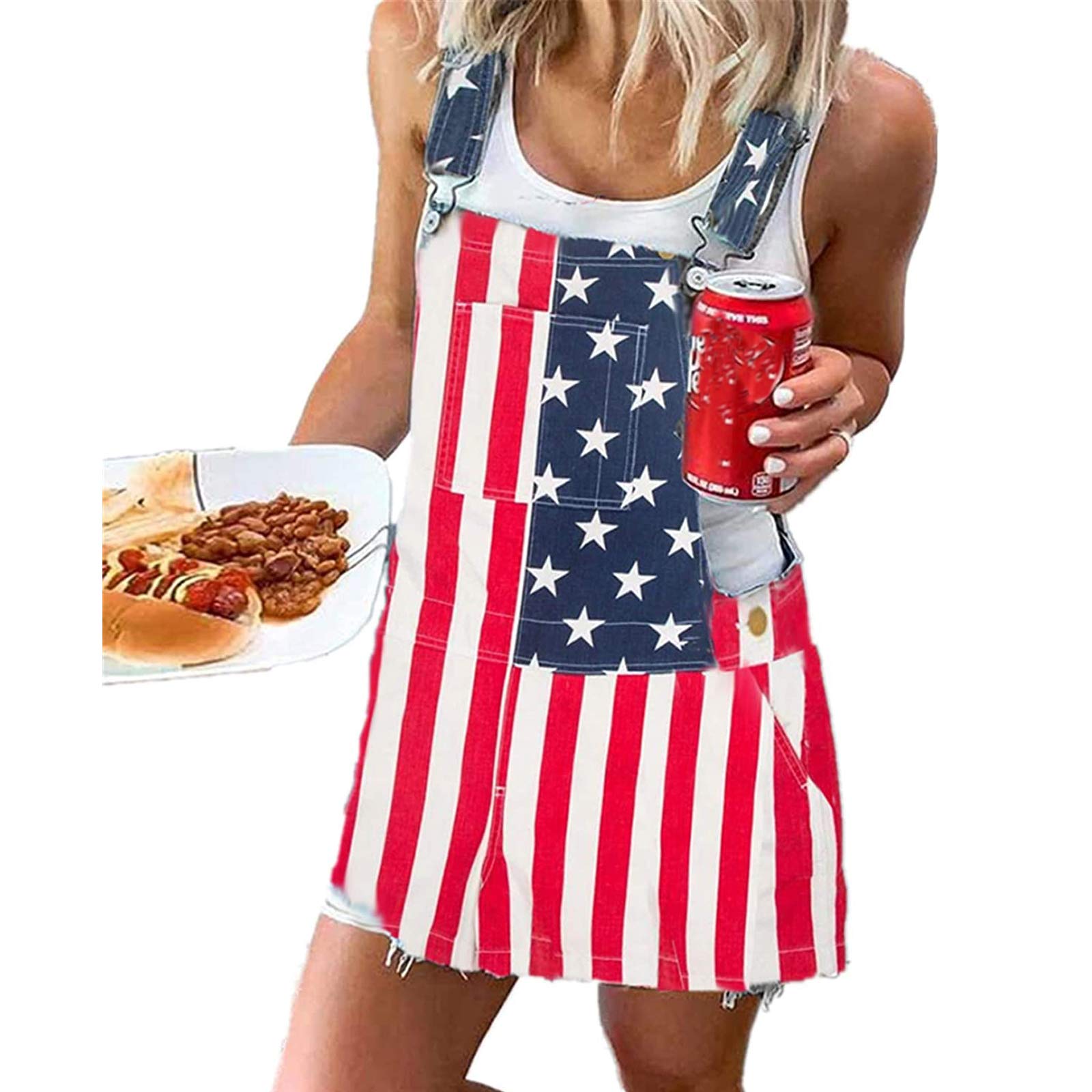 Women's Denim Backless Overall Dress with Adjustable Straps & Ripped Details - Mini Short Camouflage Star Flag Pocket Button Dress for Casual Outings & Music Festivals