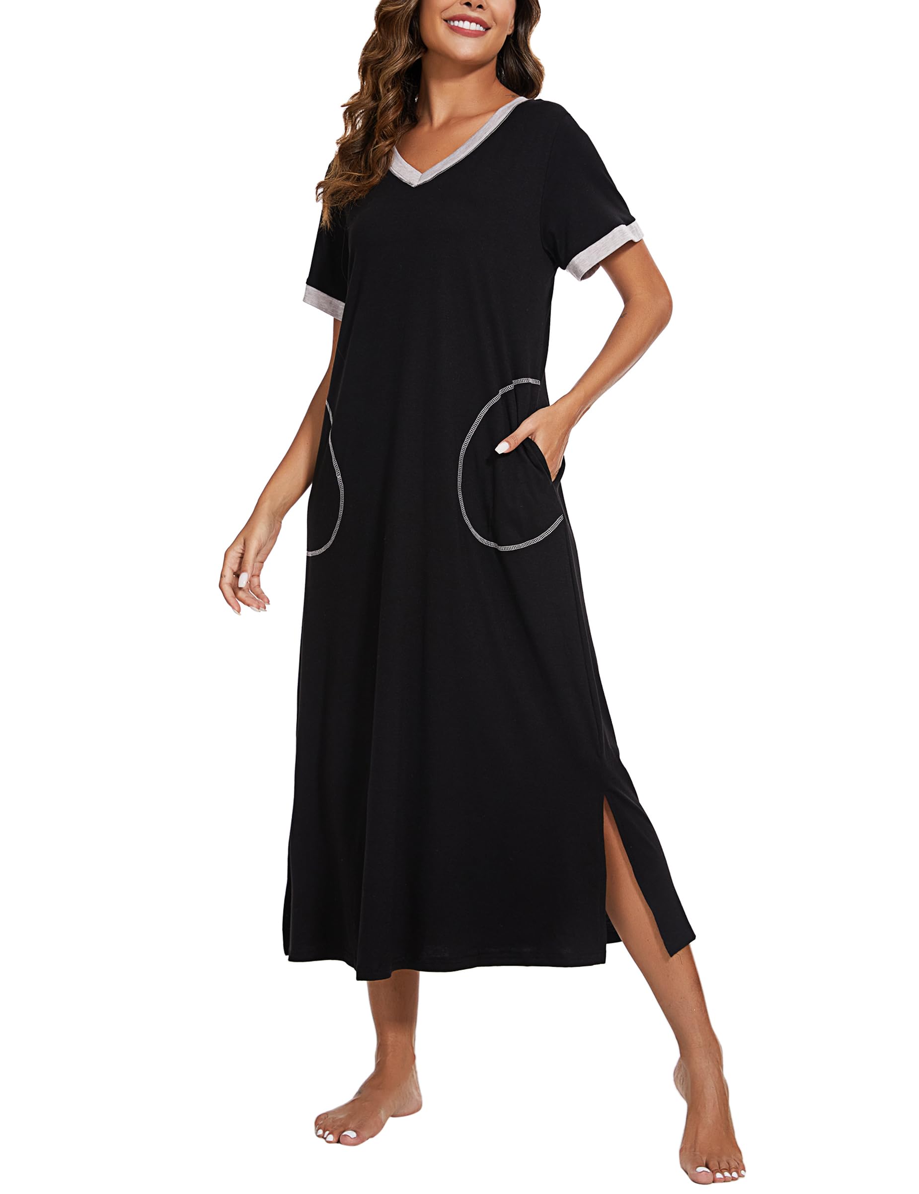 Jezonga Women's Long Sleeveless Nightgown - Soft V-Neck Sleepwear with Pockets for Lounge & Sleep - Comfortable Nightdress Sizes S-XXL - Perfect for Bedtime, Relaxing at Home or Maternity Wear