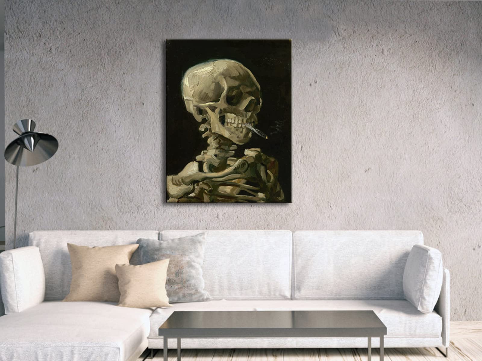 Vincent Van Gogh Skull with Burning Cigarette Canvas Wall Art - Large 1886 Post-Impressionist Skeleton Painting - Home & Office Decor for Living Room, Bedroom, Study