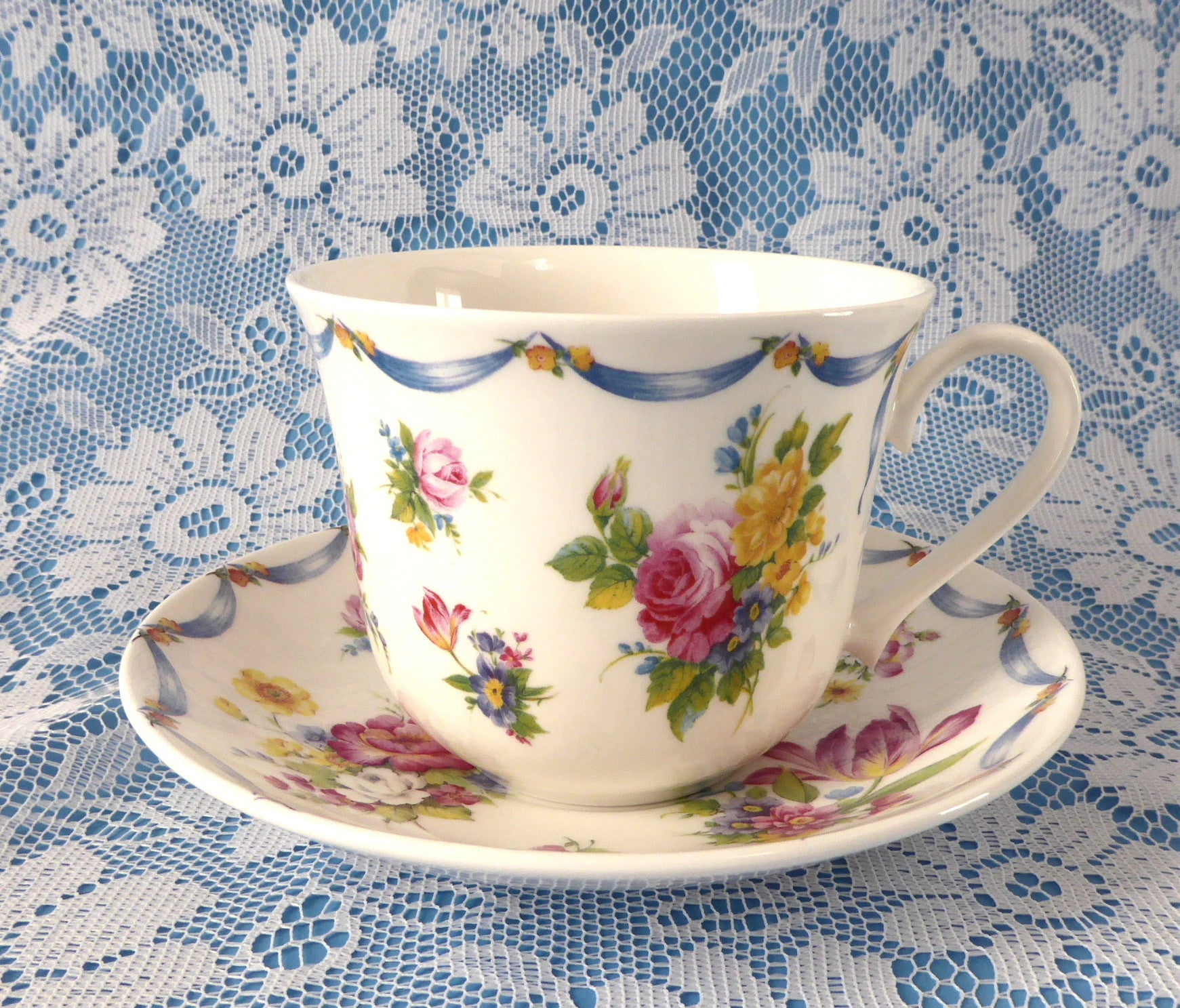 Roy Kirkham Floral Bone China Dresden Spray Breakfast Cup and Saucer Set - Perfect for English Tea Time, Breakfast, and Elegant Dining