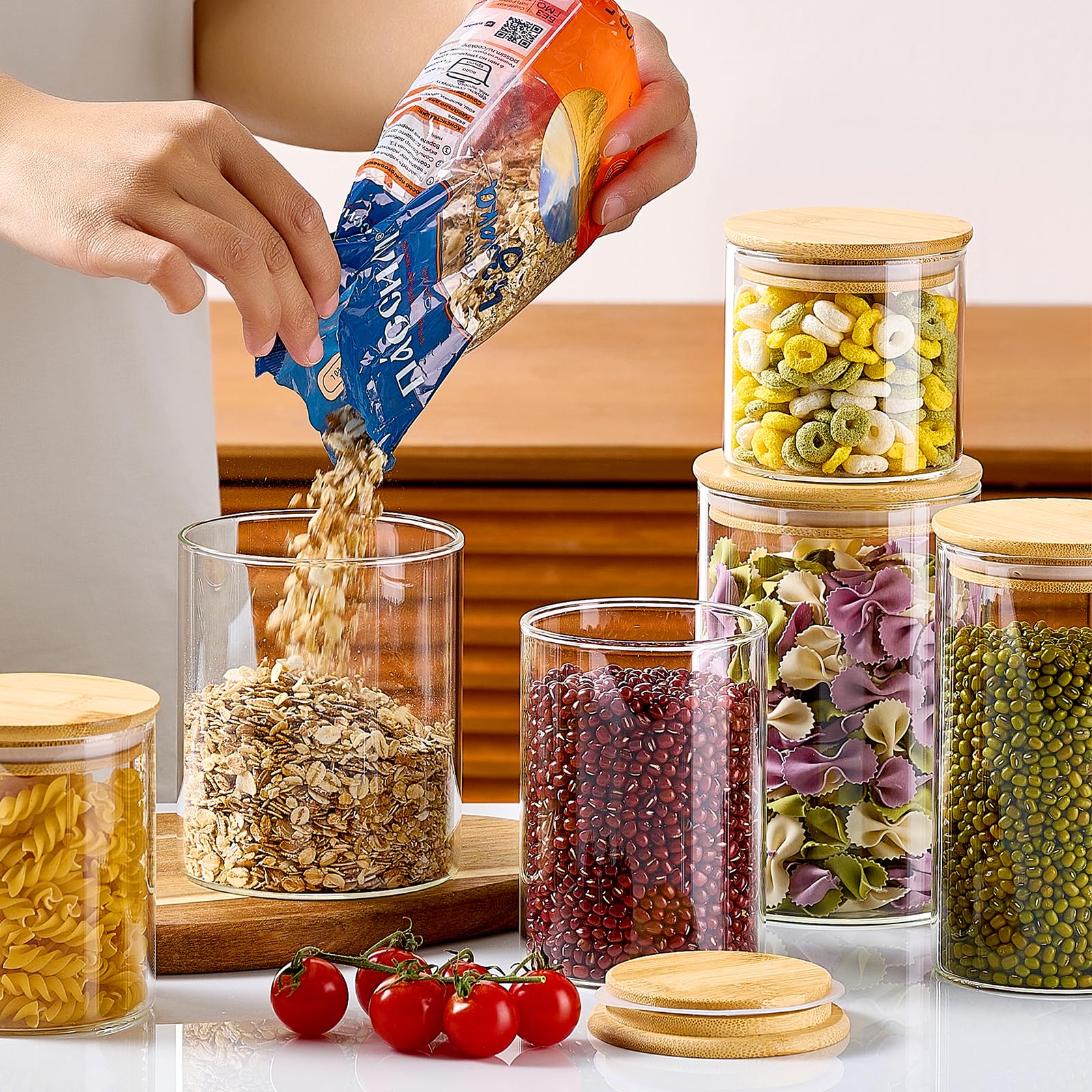 7-Pack Thicker Glass Food Storage Containers with Airtight Bamboo Lids - Clear Pantry Jars for Pasta, Nuts, Coffee, Tea, Spices & Dry Foods - BPA-Free Kitchen Organization Set - Perfect for Meal Prep, Baking & Pantry Storage