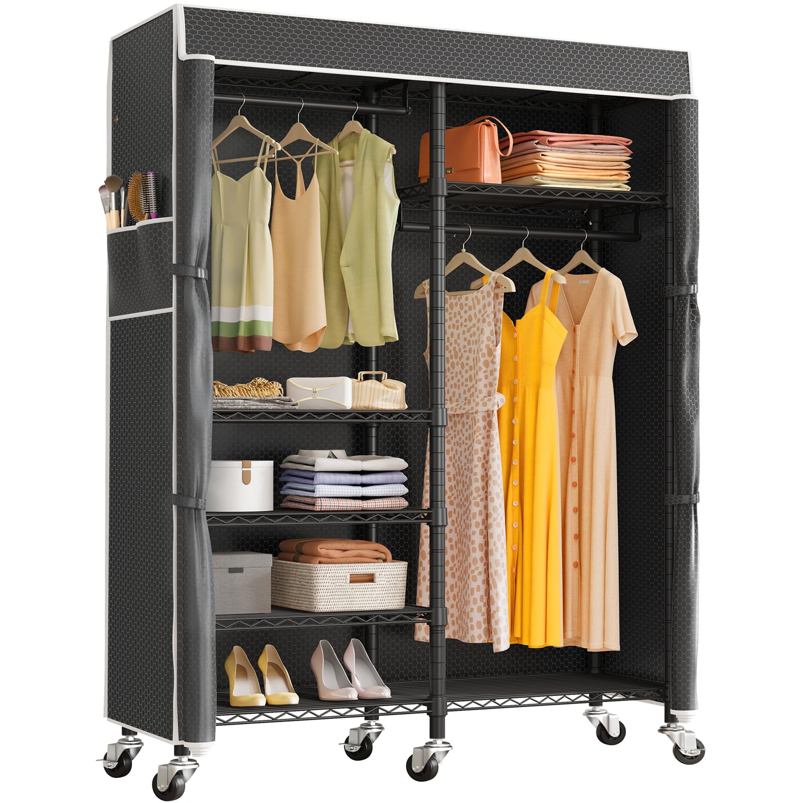 VIPEK R4C Heavy Duty Portable Closet Rolling Clothes Rack - Adjustable Metal Garment Rack with Lockable Wheels & Black Polyester Cover (620lbs Capacity) - Perfect for Home Storage, Closet Organization, Laundry Room, and Commercial Use