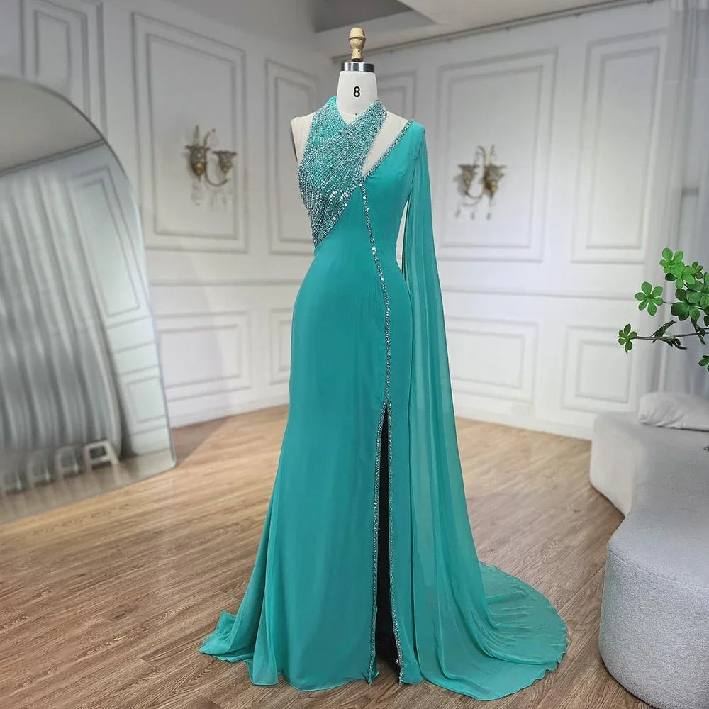 Elegant Turquoise Green Chiffon Evening Dress with Cape Sleeves - Dubai Style LA72101 for Women's Party & Formal Events