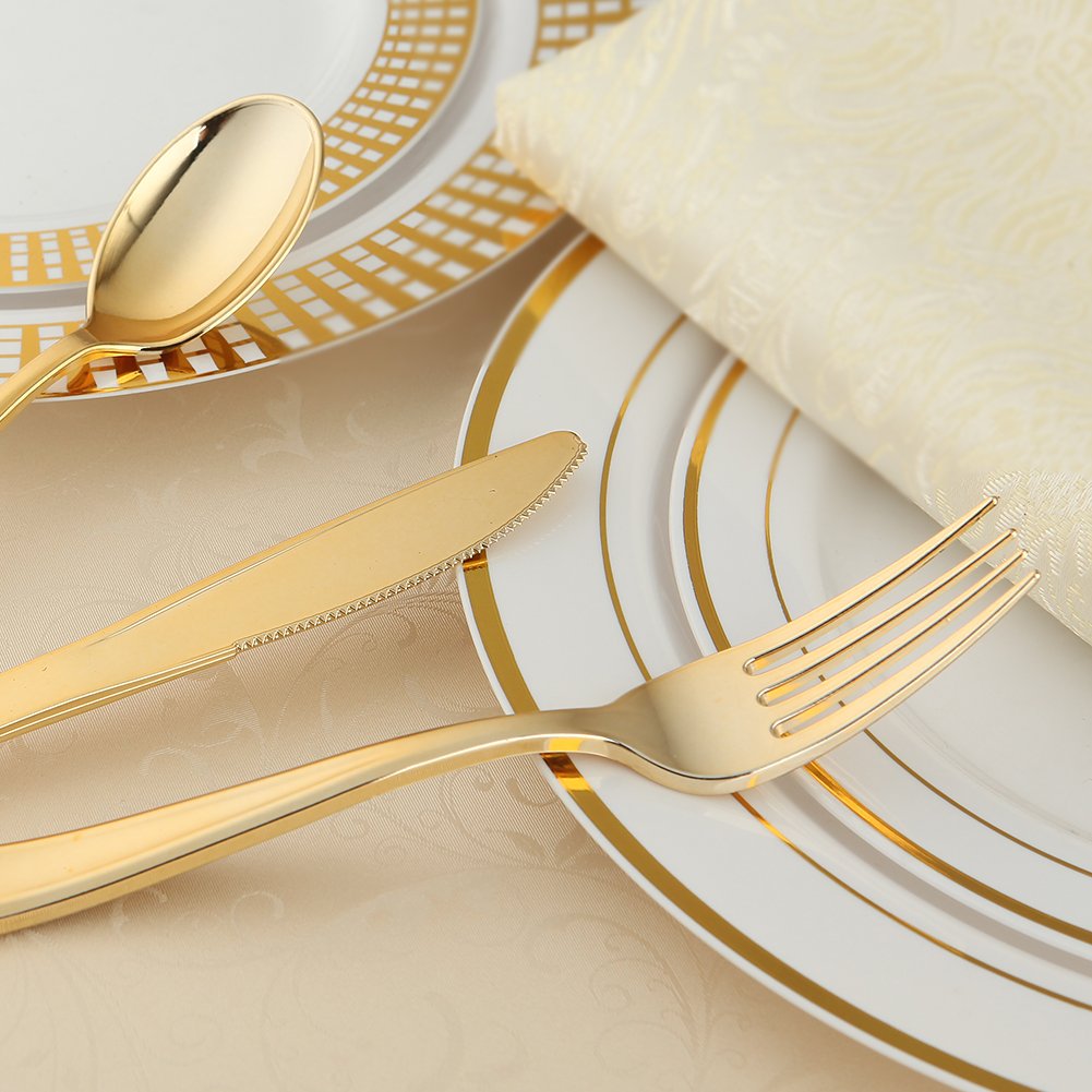 120-Piece Gold Plastic Silverware Set - Heavy Duty Disposable Cutlery (40 Forks, 40 Spoons, 40 Knives) - Elegant Party Tableware for Weddings, Picnics & Events