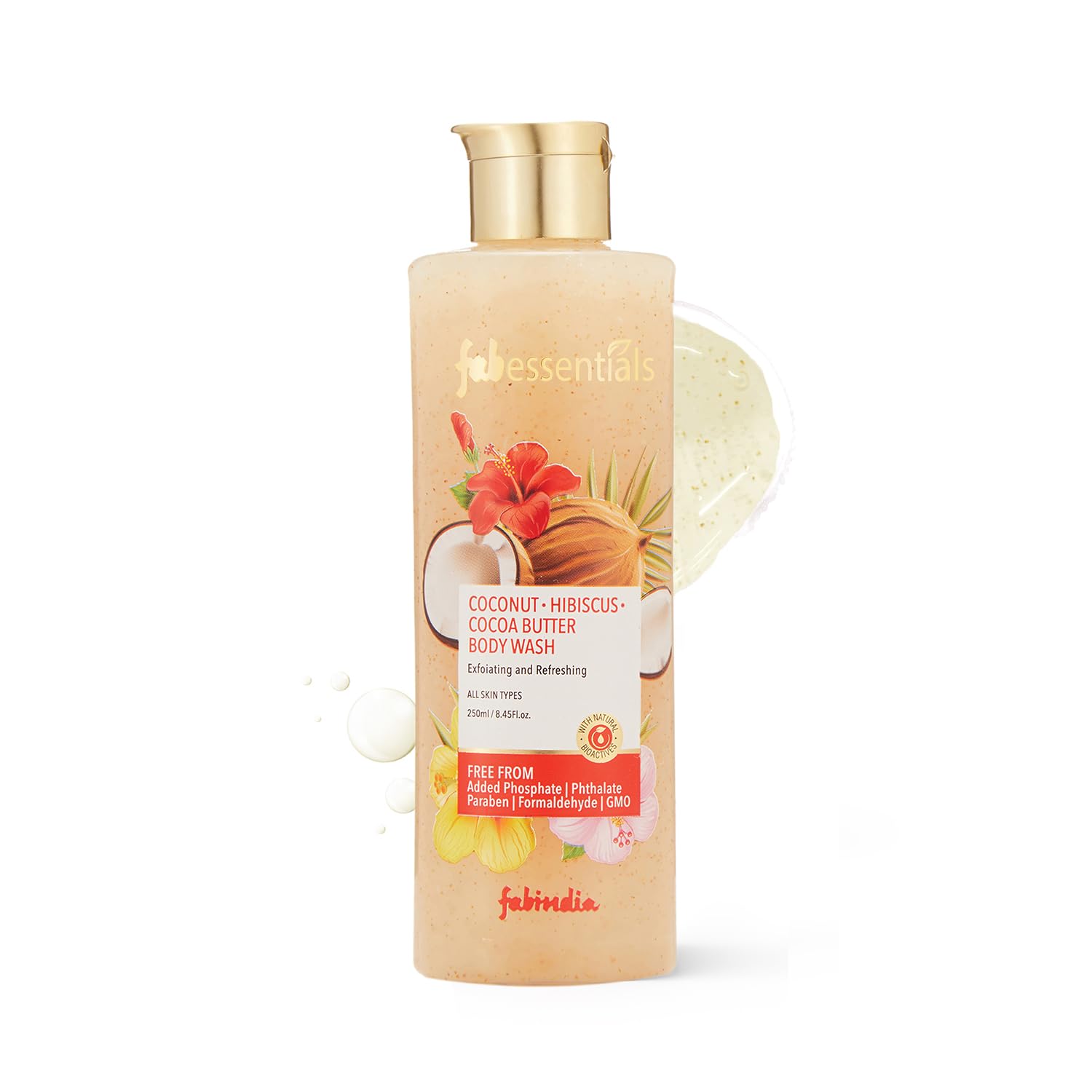 Fabessentials Coconut Hibiscus Cocoa Butter Exfoliating Body Wash - 250ml | Aloe Vera & Vitamin E Enriched | Gentle Cleansing & Hydrating Body Wash for Soft Skin | Deep Nourishing & Brightening Moisturizer | Perfect for Dry Skin & Daily Shower Routine