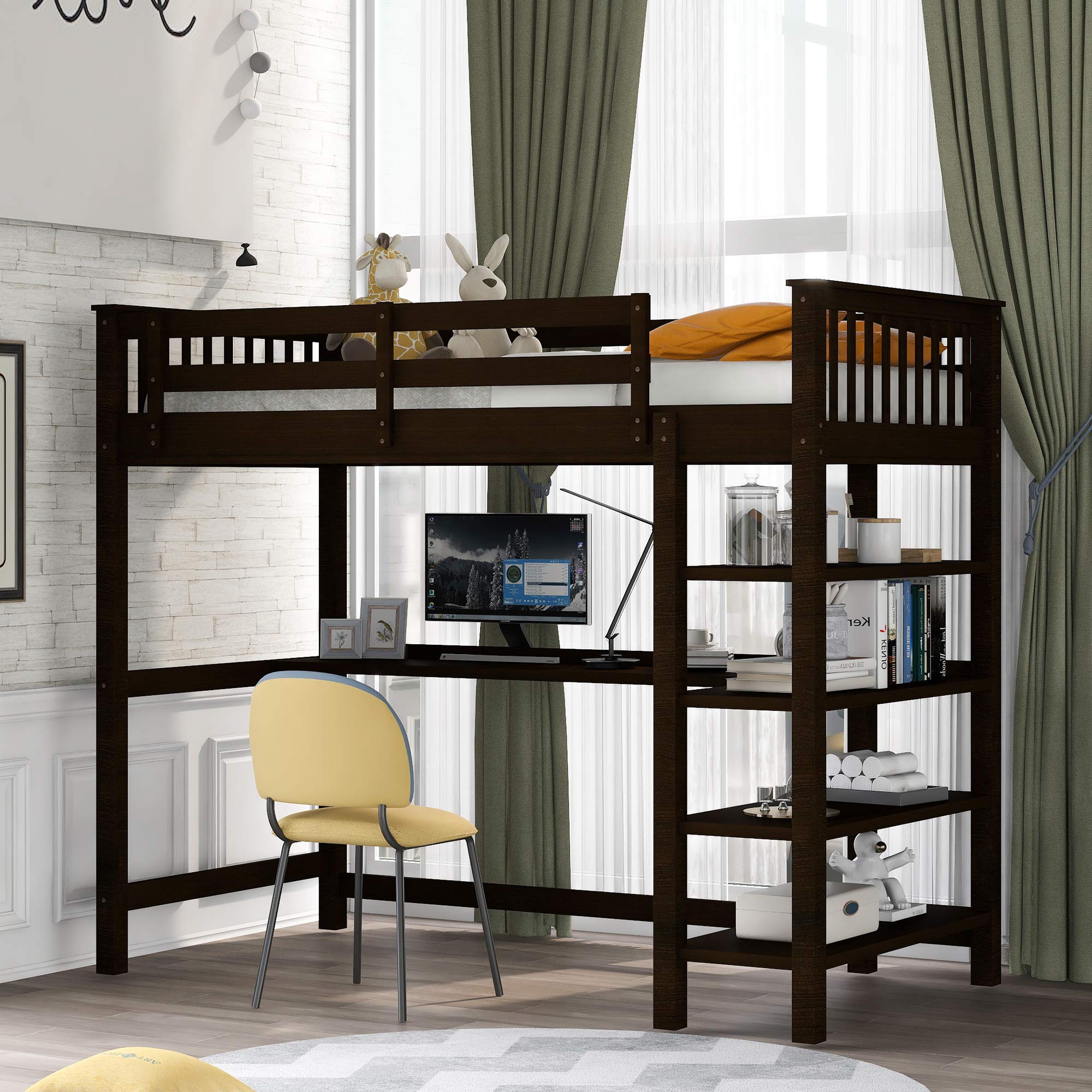 **Wooden Loft Bed Frame with Storage Shelves & Under-Bed Desk - Full-Length Guardrail & Built-in Ladder - Twin Size Espresso Finish - Perfect for Kids, Teens & Adults - Space-Saving Solution for Small Bedrooms, Dorms & Apartments**