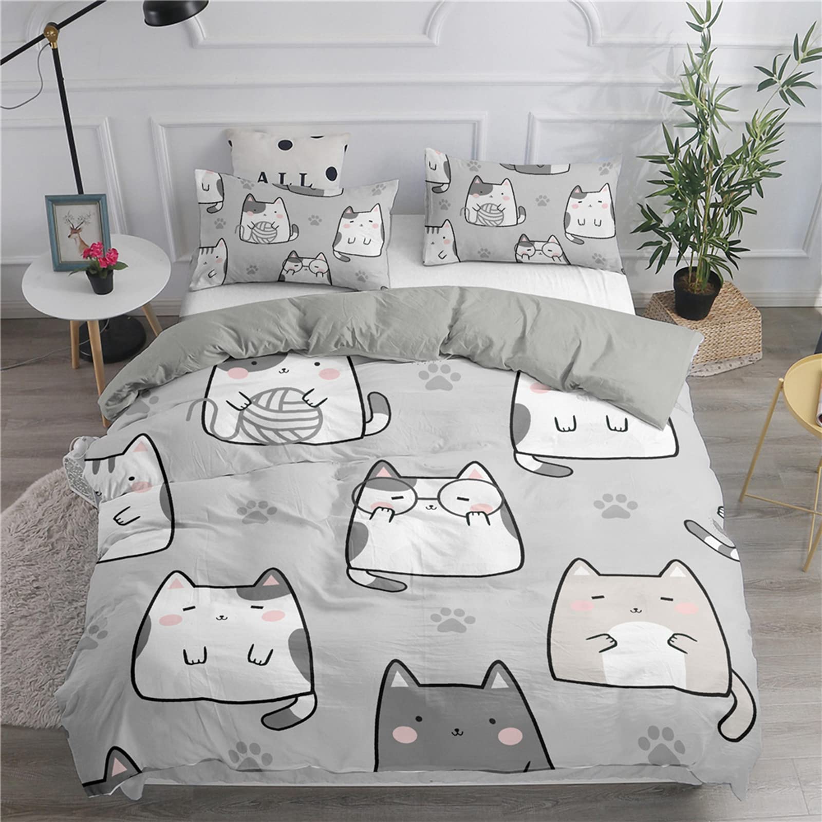 Soft Microfiber Kawaii Cat Duvet Cover Set - Twin Size 2/3 Piece Bedding with Zipper Closure | Cute Cartoon Design for Kids Boys Girls | Comforter Cover & Pillowcase in Gray | Perfect for Children's Bedrooms, Sleepovers & Cozy Nap Time