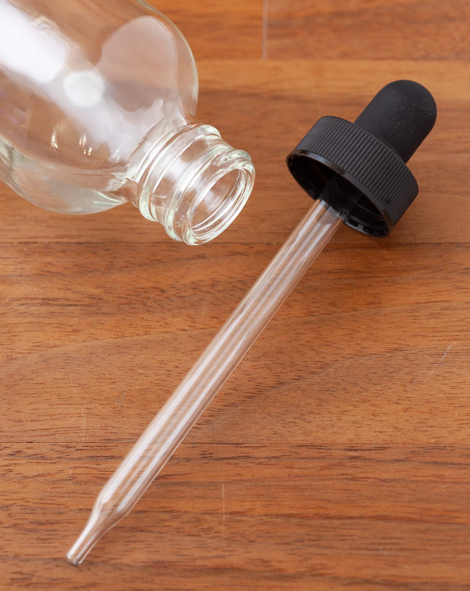 JUVITUS 4 oz Clear Flint Glass Boston Round Bottles with Black Dropper Caps (6 Pack) - Essential Oil, CBD, Tincture Storage - Includes Bonus Funnel for Easy Filling & DIY Projects