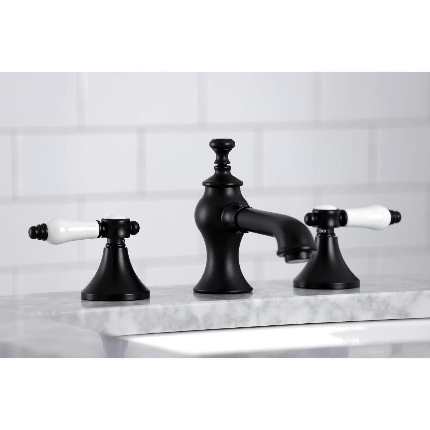 Bel Air KC7060BPL Matte Black Widespread Bathroom Faucet - 2 Handle 3 Hole Deck Mount with Brass Pop Up Drain - Perfect for Modern Bathroom Renovations and Vanity Upgrades