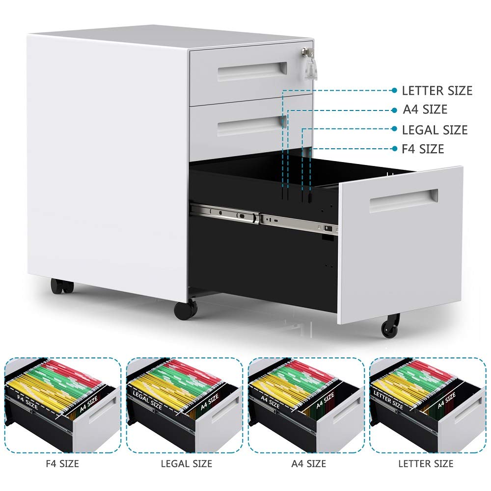 3-Drawer Mobile File Cabinet with Lock - Under Desk Rolling Storage Organizer, White Office File Cabinet Fully Assembled - Perfect for Home, Office & Workspace Organization