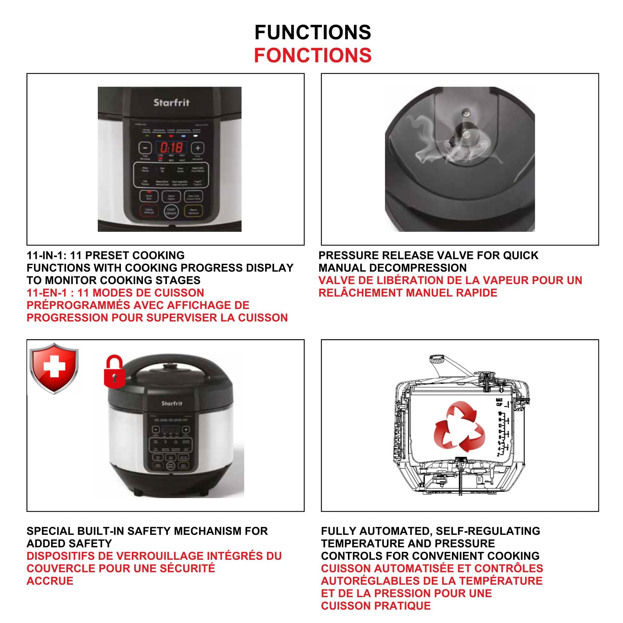 Starfrit 8L Electric Pressure Cooker with Steam Tray, Measuring Cup & Spatula - 11 Preset Cooking Functions - Perfect for Fast & Healthy Meals, Meal Prep & Family Dinners