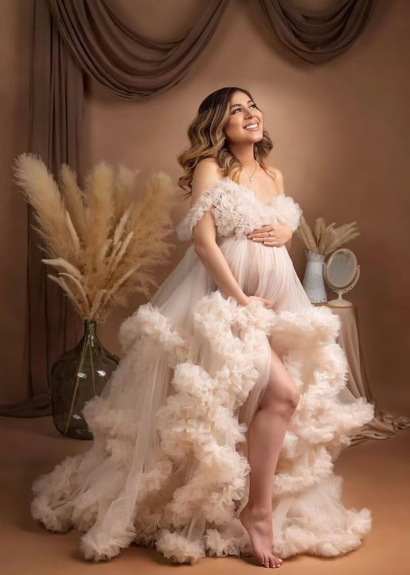 Elegant Maternity Photoshoot Dress with Puffy Ruffles & Tulle - Pregnancy Gown for Baby Shower, Bridal Lingerie Robe - Perfect for Maternity Photos, Bridal Showers & Special Occasions
