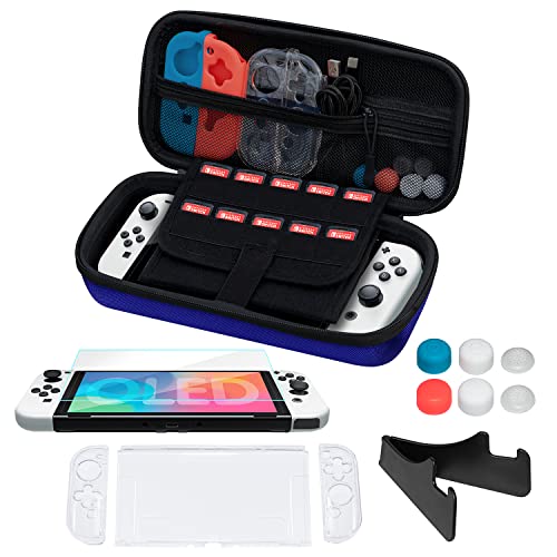 Omarando Carrying Case Accessories Kit for Nintendo Switch OLED Model - TPU Protective Case Cover, Tempered Glass Screen Protector, Thumb Grip Caps & Mini Travel Playstand (Black-Blue) | Portable Gaming Storage Solution for Travel, Commuting & Home Use