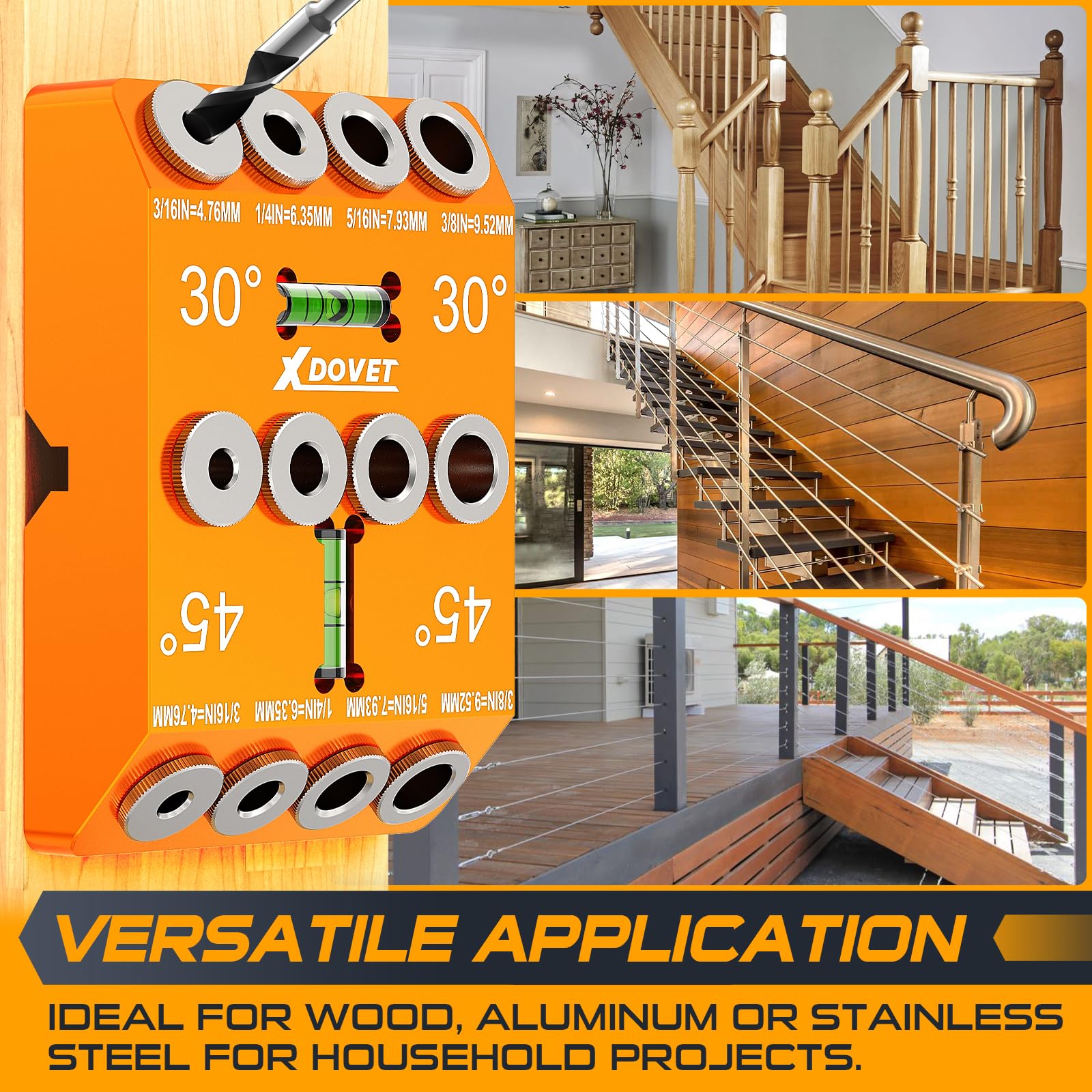 XDOVET Angle Drill Guide Jig - 4 Sizes (30/45/60/90 Degree) with Bubble Level - Precision Drill Jig for Angled & Straight Holes - Perfect for Woodworking, Post Railing, Stairs, Handrail & Deck Building - DIY & Professional Woodworking Projects