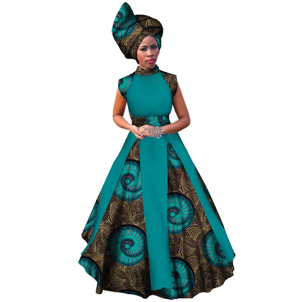 African Print Women's Party Dress - Sleeveless Maxi Dress with Matching Head Scarf - Plus Size Flowy Summer Beach Dress for Weddings, Vacations & Cultural Events