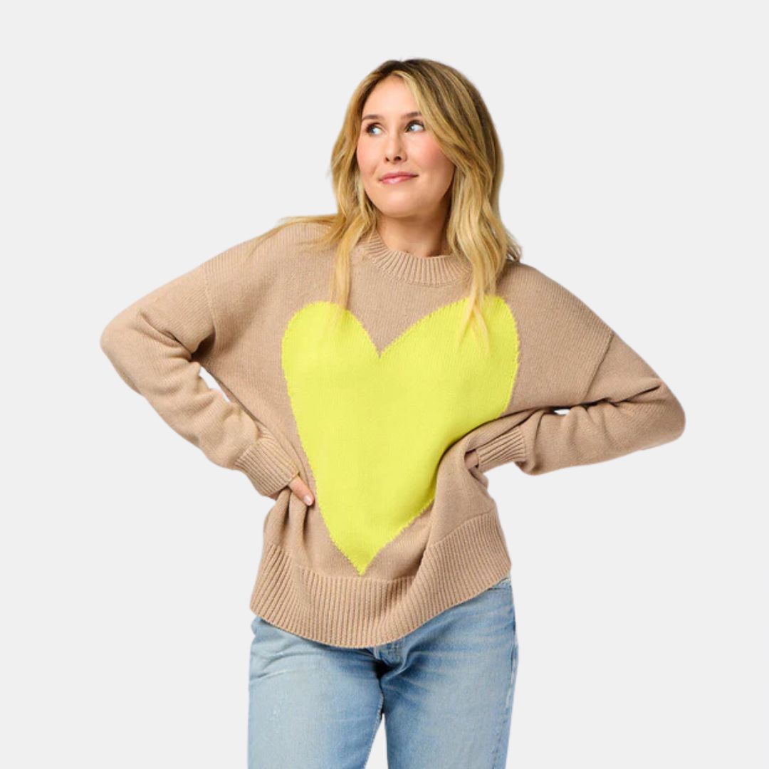 Benton Imperfect Heart Sweater - Cozy Oversized Knit Pullover in Taupe & Citron | Perfect for Fall Layering, Date Nights & Casual Outfits