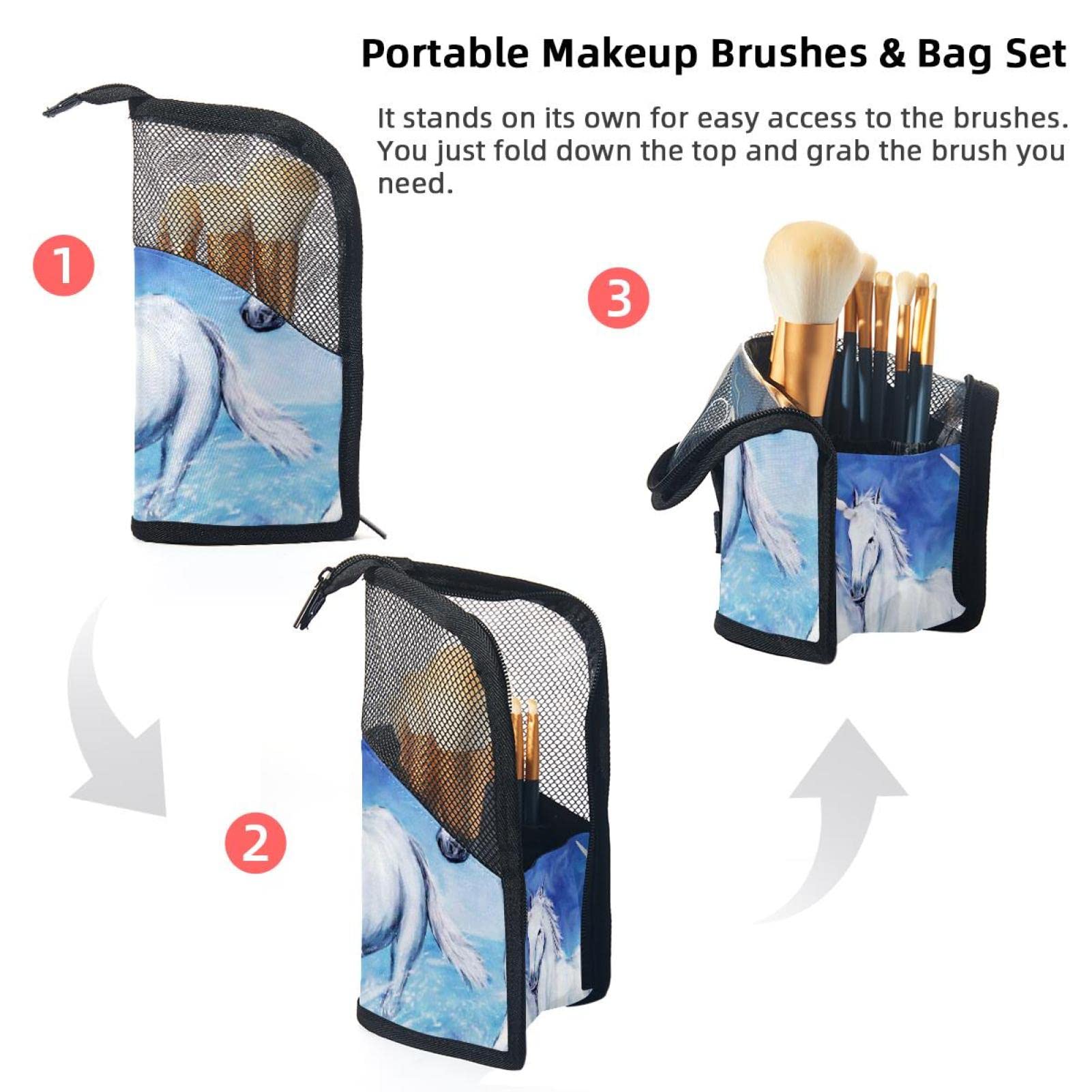 Watercolor Horses Makeup Brush Organizer Bag with 12 Brushes - Portable Travel Makeup Brush Holder Case for Professional & Home Use