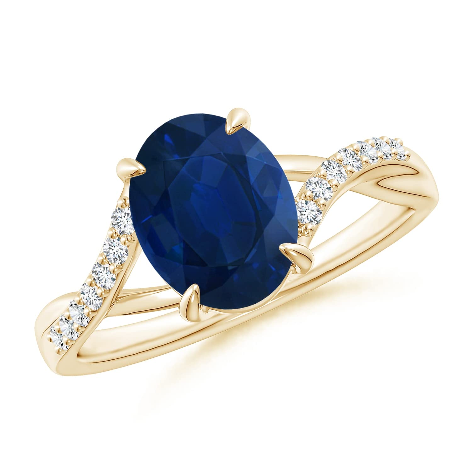 9x7mm Oval Blue Sapphire Split Shank Ring with Diamond Accents - Elegant Jewelry for Women, Perfect for Engagement, Wedding & Special Occasions