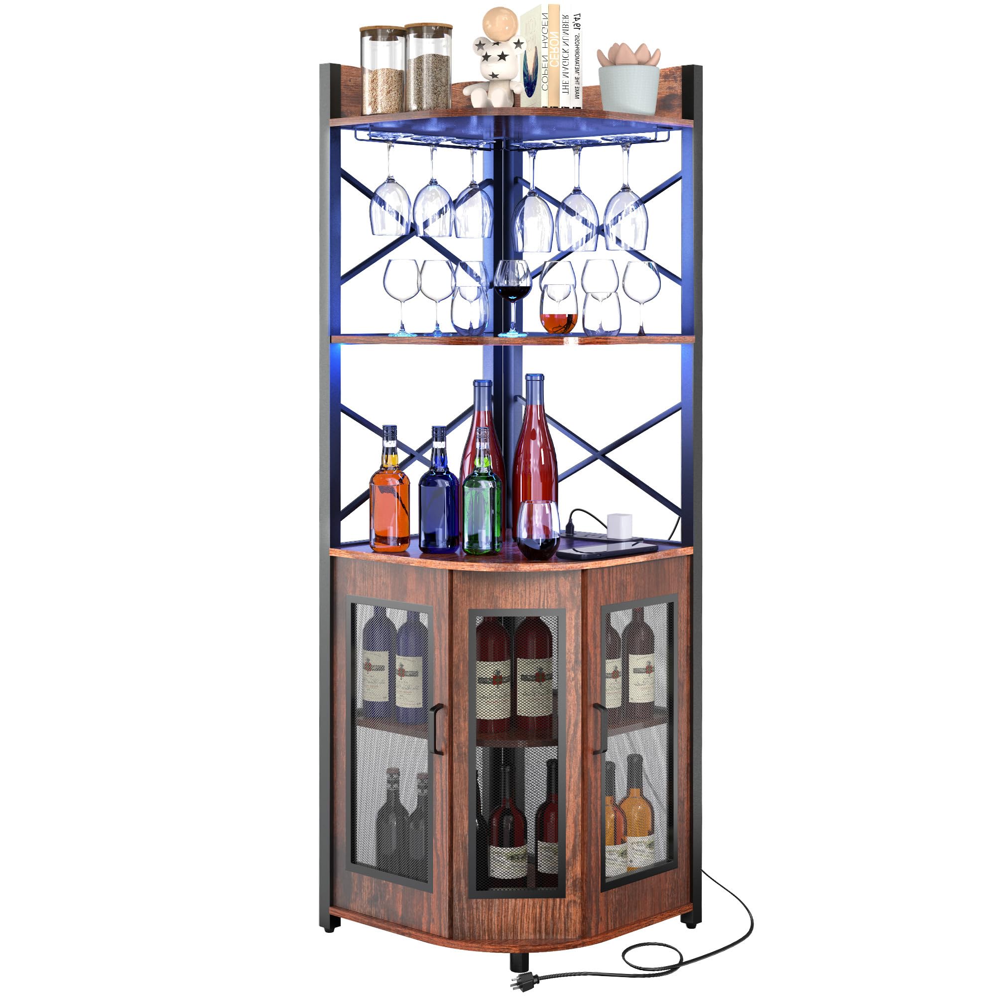Industrial 5-Tier Corner Bar Cabinet with LED Lights & Power Outlet - Adjustable Shelves, Glass Holder & Mesh Door - Space-Saving Liquor Storage for Home, Office or Restaurant Use