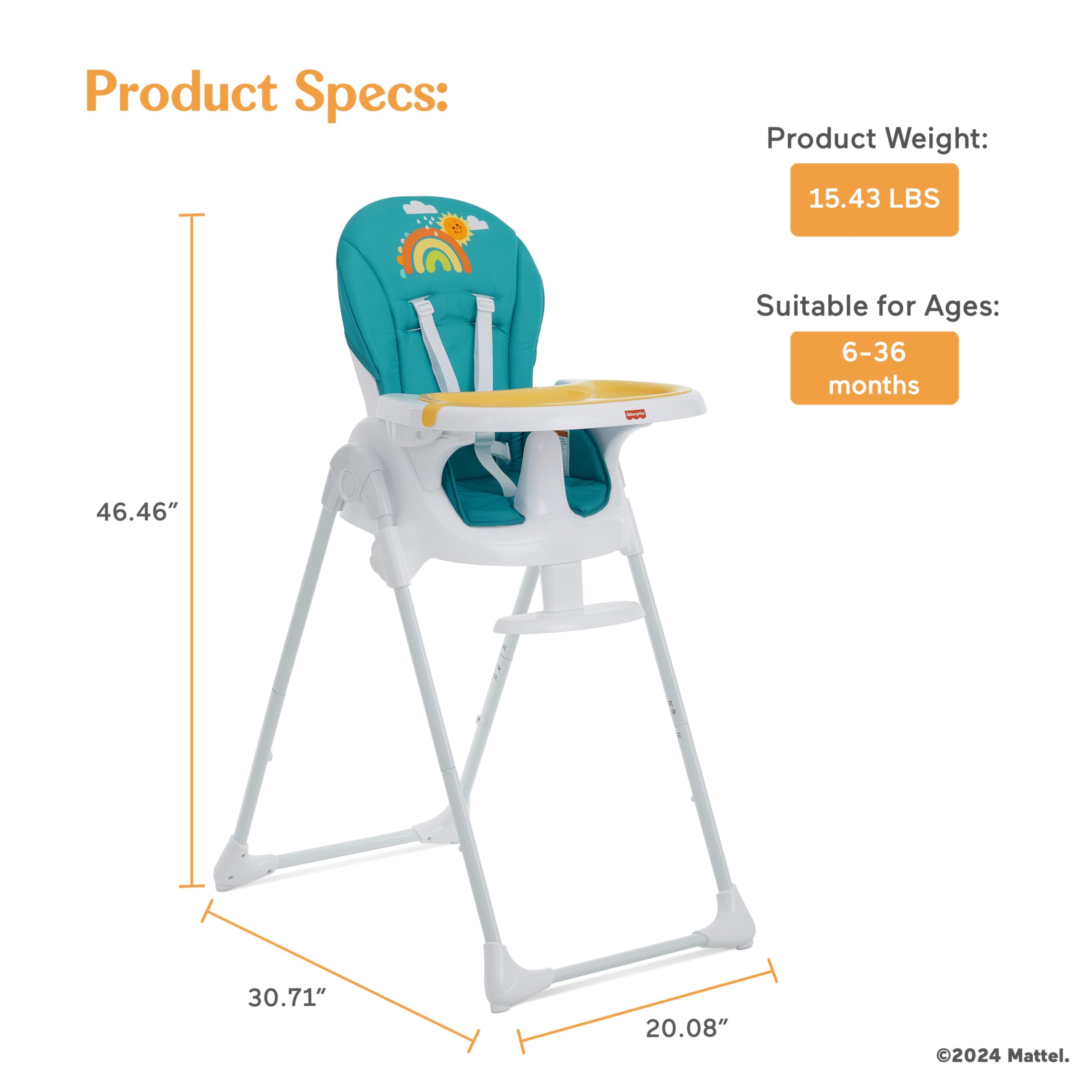 Fisher-Price by Dream On Me Tiny Bites Adjustable Baby High Chair - 7 Height Positions, Lightweight & Portable for Travel, Easy Fold & Clean - Perfect for Home, Restaurants & Outdoor Dining