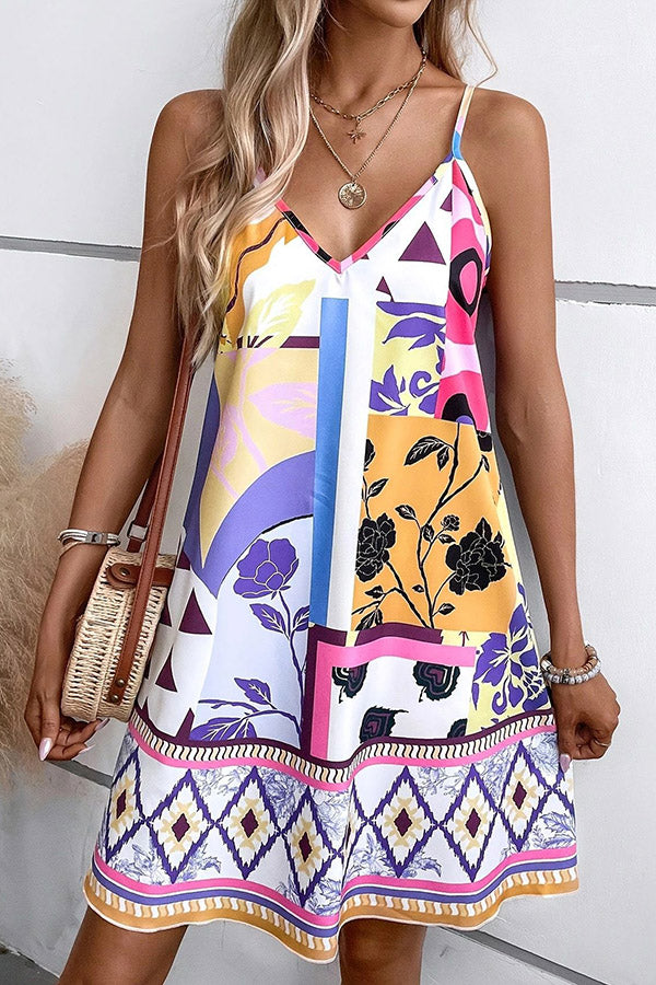 Sexy V-Neck Suspender Mini Dress with Unique Print - Loose Fit for Casual Outings, Date Nights & Summer Parties