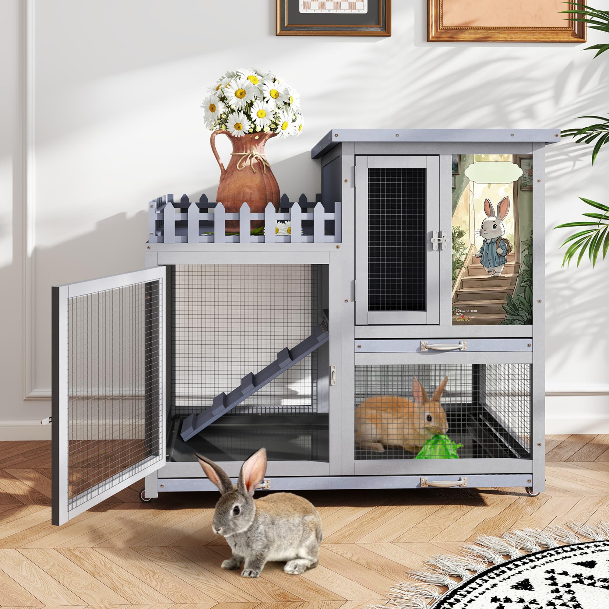 Premium Wooden Rabbit Hutch with Balcony - Indoor/Outdoor Bunny Cage on Wheels for Small Pets, Includes Ramp, Pull-Out Tray & Water Bottle (Grey Pattern) - Perfect for Backyard, Patio or Home Decor