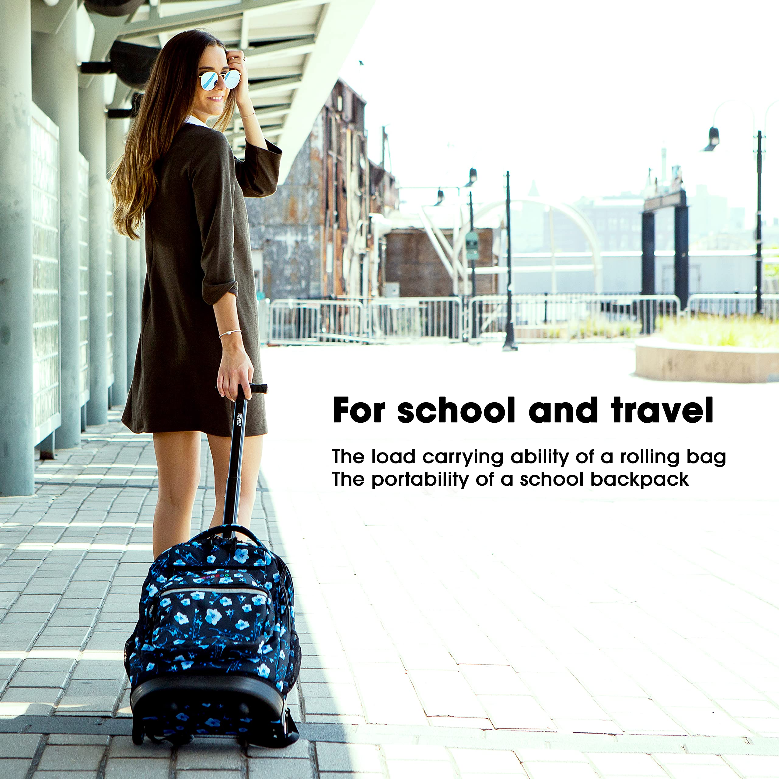 J World New York Sundance 20 Inch Rolling Backpack for Kids - Durable Wheeled Bookbag for School & Travel, Bellis Design - Perfect for Students, Commuters & Airplane Carry-On