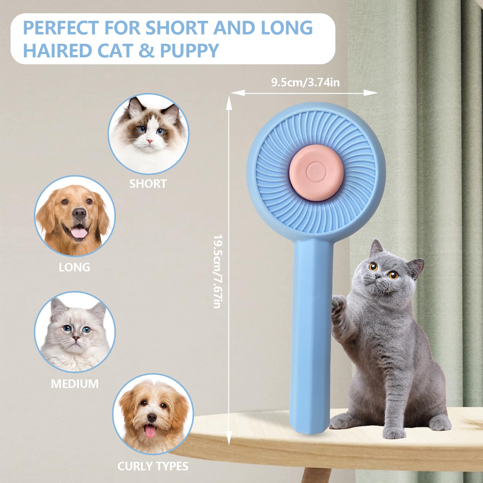 Self Cleaning Cat Brush with Release Button - Gentle Pet Grooming Brush for Long & Short Haired Cats & Dogs - Removes Loose Undercoat & Shedding Hair - Easy Clean Indoor Cat Comb (Blue) - Perfect for Daily Brushing & Reducing Pet Hair at Home