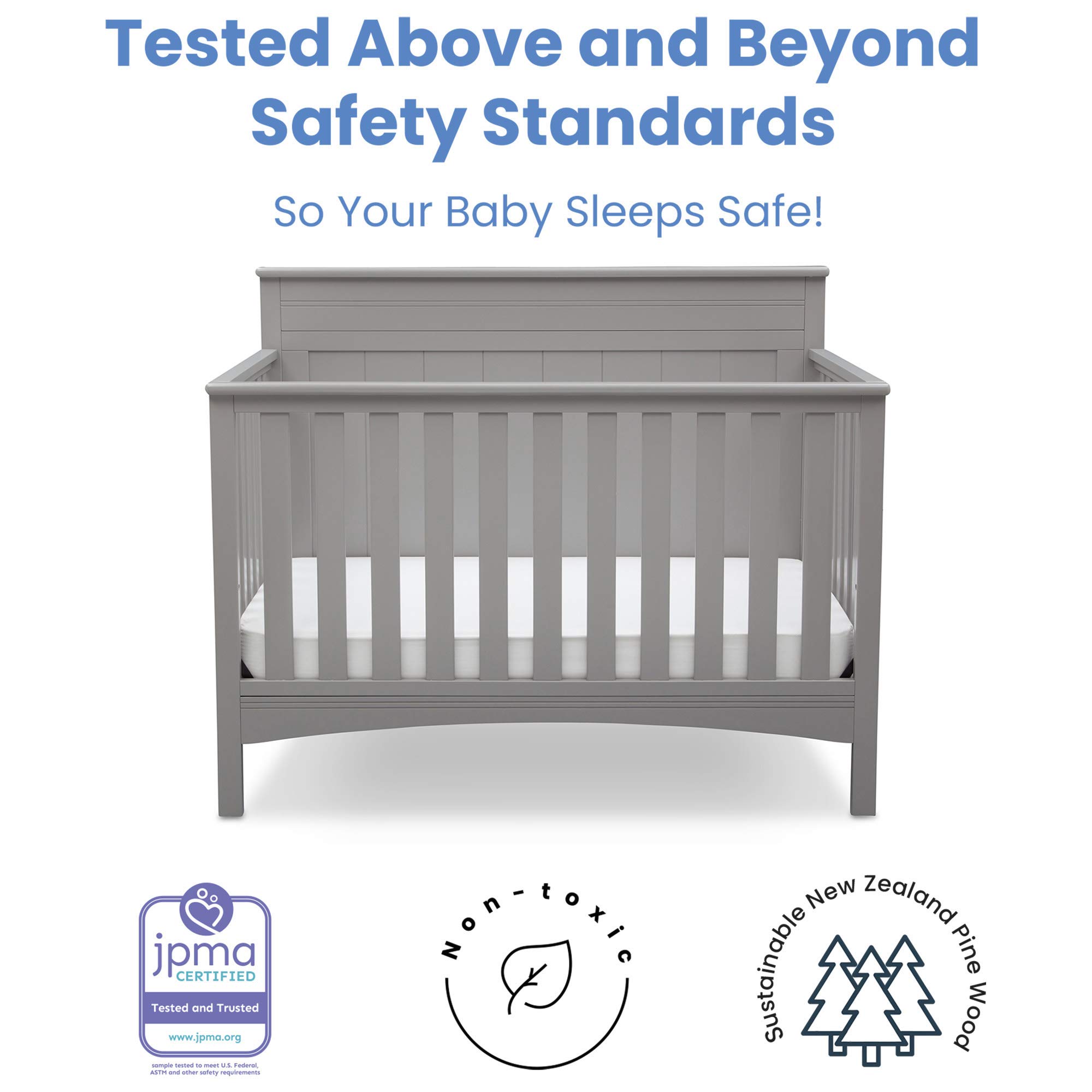 Delta Children 4-in-1 Convertible Crib with Serta Toddler Mattress - Grey Nursery Furniture Set | Safe Sleep Solution for Babies & Toddlers | Perfect for Modern Nursery, Daycare or Guest Room