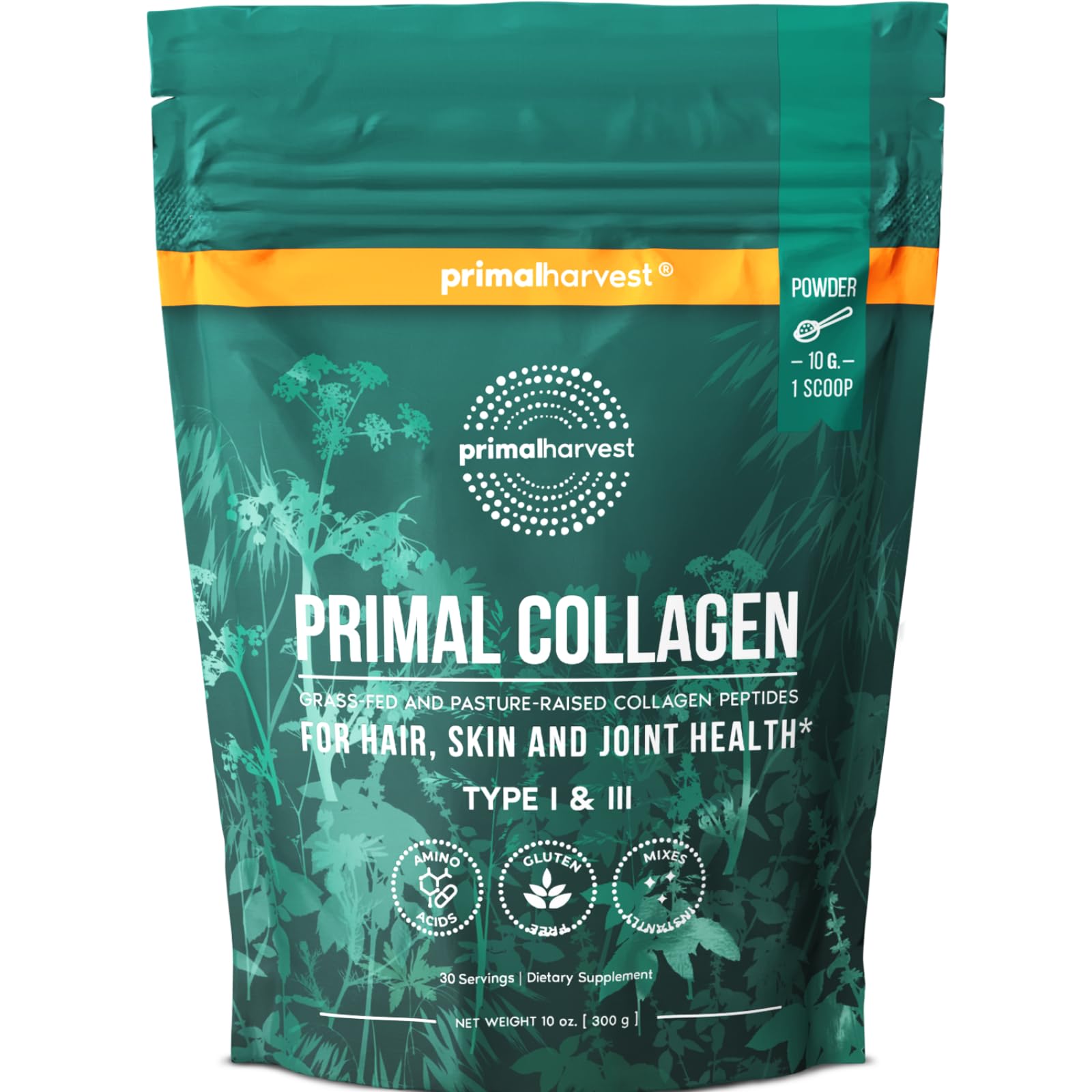 Primal Harvest Collagen Peptides Powder Type I & III for Women & Men - 10oz Grass-Fed Collagen Protein Supplement for Hair Growth, Skin Health & Strong Nails (Original Flavor) | Supports Joint Health & Gut Wellness - Perfect for Smoothies, Coffee & Baking Recipes