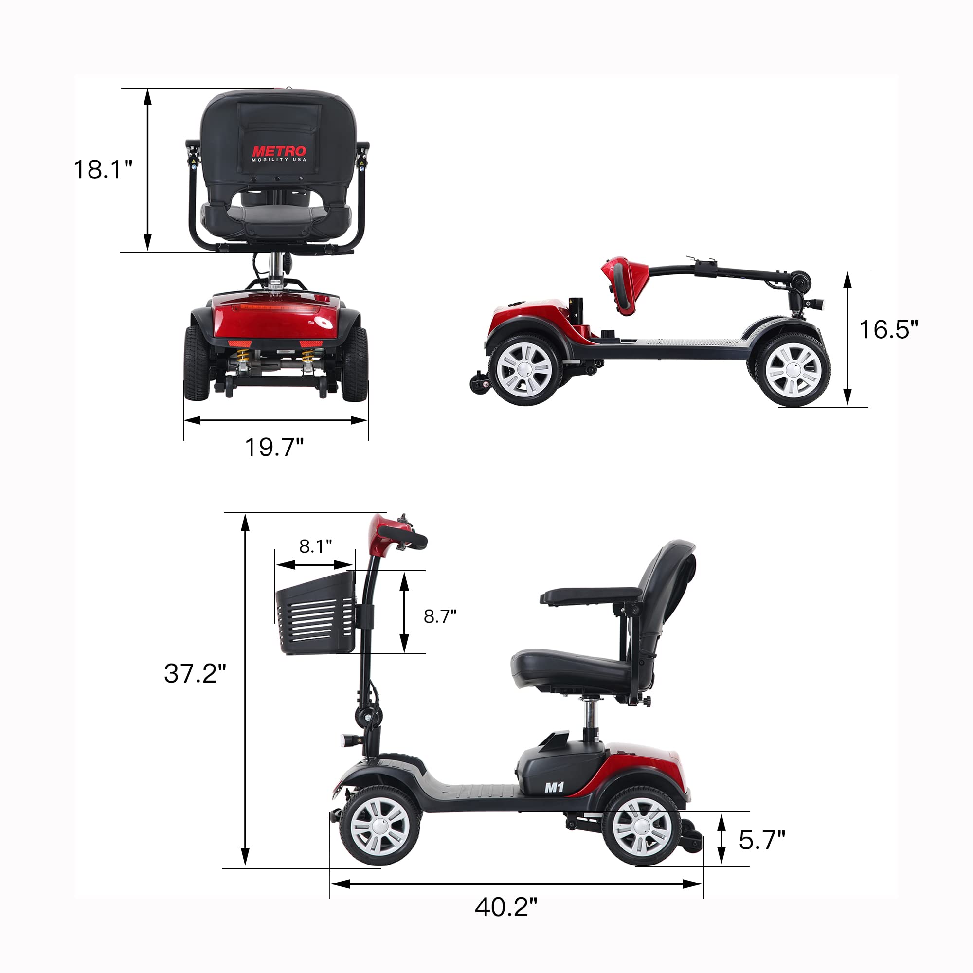 **4 Wheel Folding Mobility Scooter for Seniors & Adults - Compact Electric Medical Scooter for Travel & Daily Use - Heavy Duty Powered Wheelchair Device (Red) - Perfect for Shopping, Airports & Outdoor Activities**