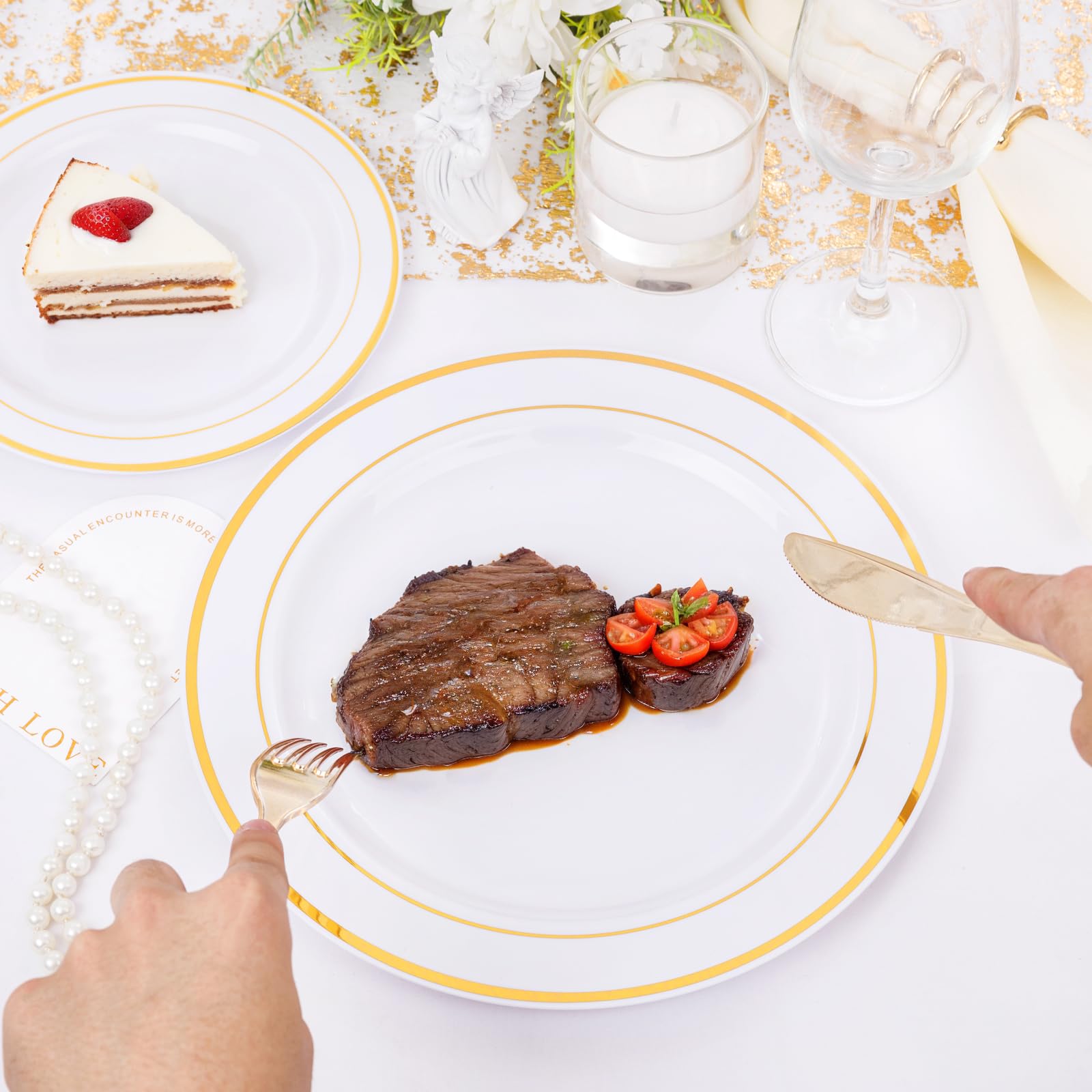 DaYammi 150-Piece Gold Plastic Dinnerware Set - 30 Gold Rim Dinner Plates, 30 Salad Plates, 30 Plastic Cutlery Sets | Elegant Disposable Tableware for Weddings, Parties, and Special Events