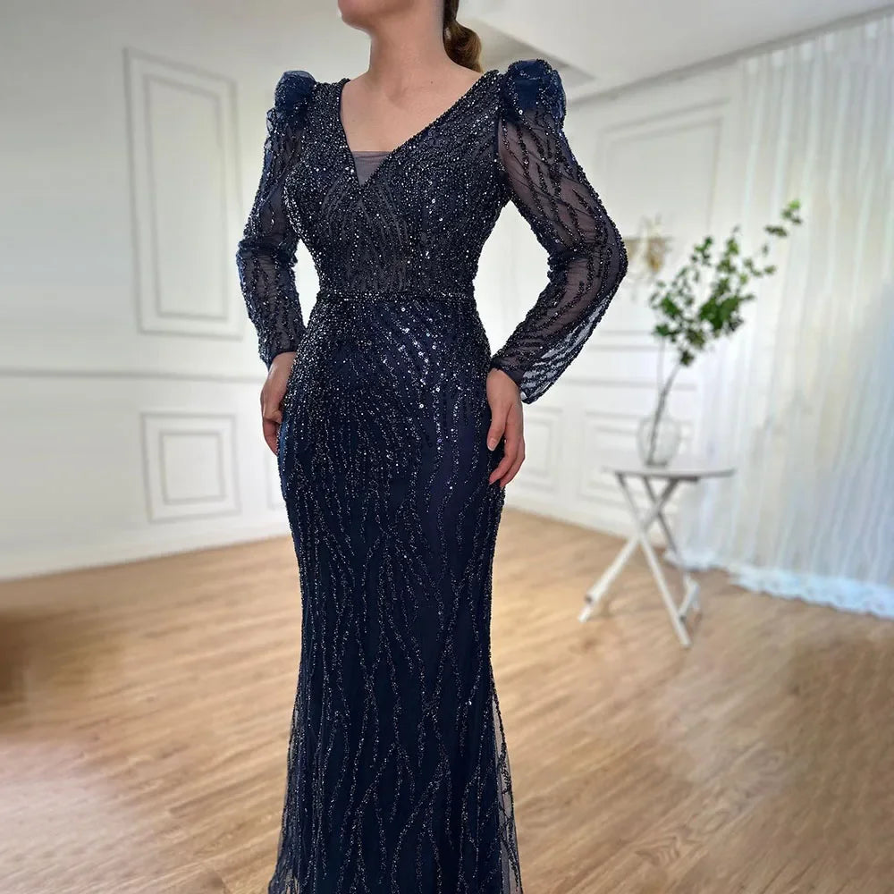 Elegant Muslim Blue Mermaid Evening Dress with Beaded Details - Luxury Arabic Gown for Women - Perfect for Weddings, Parties & Special Occasions - Serene Hill Collection 2025 LA71931