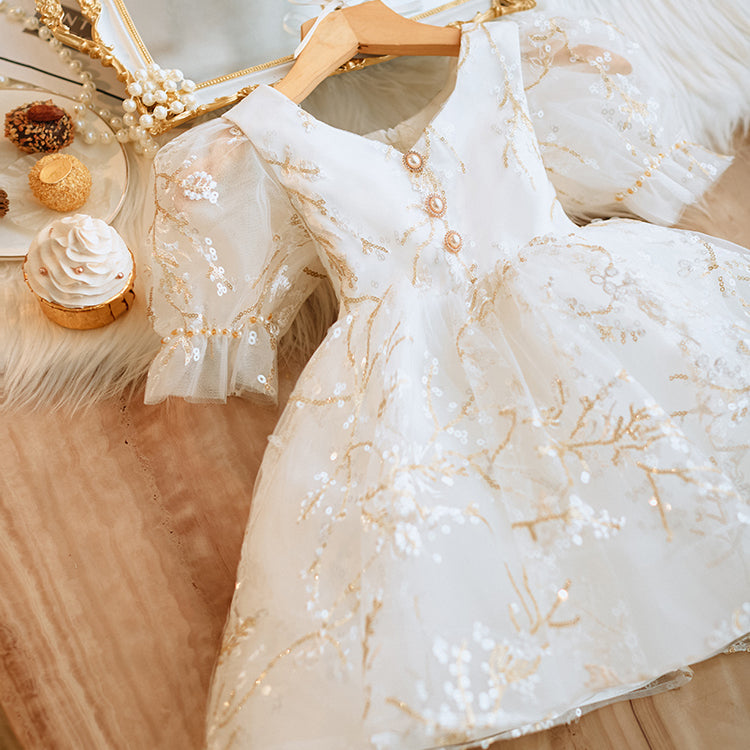 White Fluffy Baby Girl Princess Dress with Embroidery - Perfect for Birthday Parties, Photo Shoots & Special Occasions