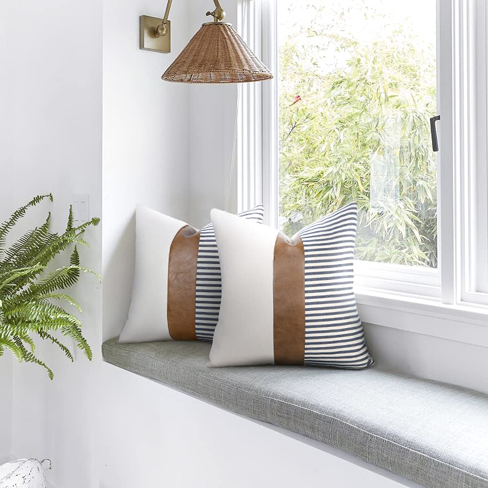 Cygnus 22x22 Inches Pillow Covers Set of 2 - Farmhouse Decor Striped Patchwork Linen Throw Pillow Covers with Faux Leather Accents for Couch, Sofa & Bed - Navy Blue Home Decor for Living Room, Bedroom & Dorm