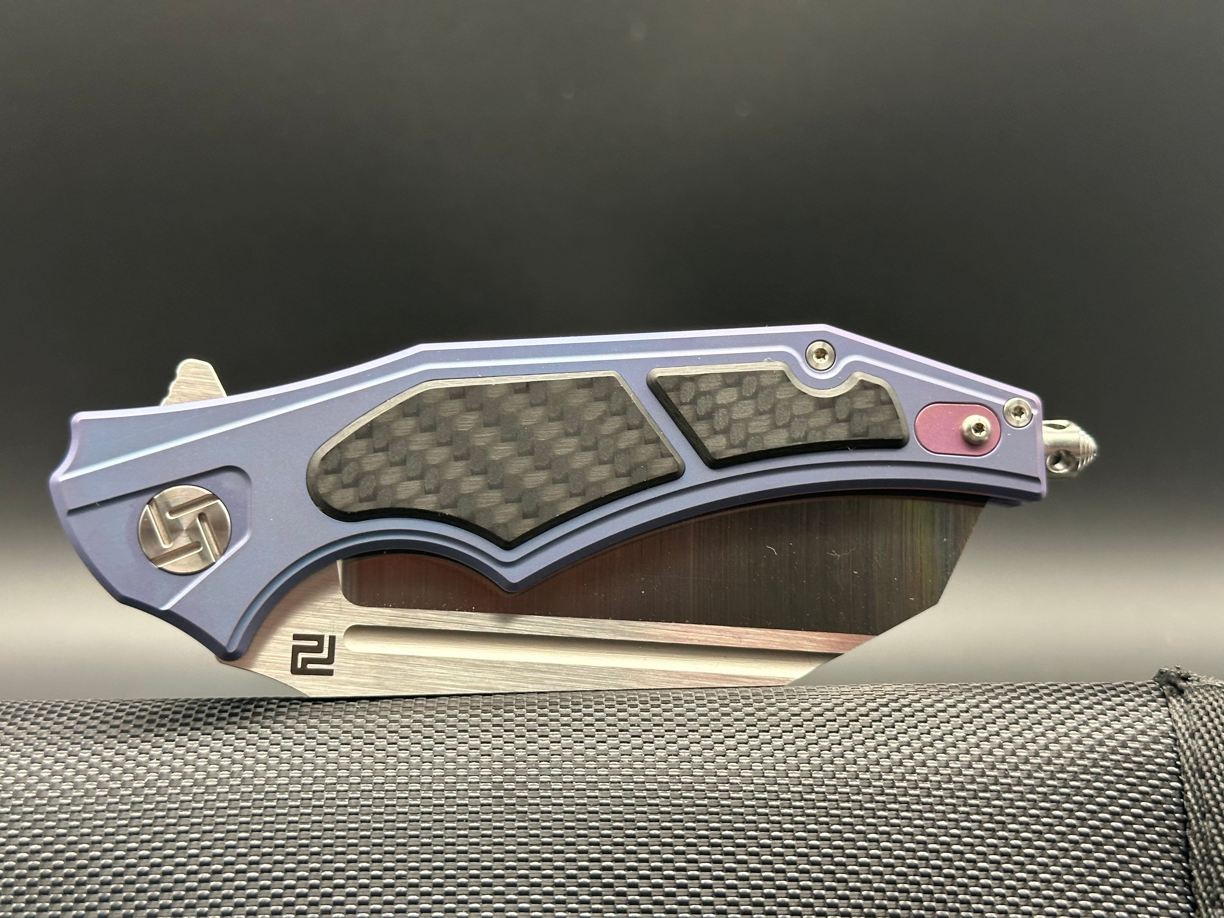 Artisan Cutlery Apache S35VN Wharncliffe Folding Knife - Satin Finish, Blue Titanium Handle with Carbon Fiber Inlays - EDC, Outdoor, Camping & Survival Tool