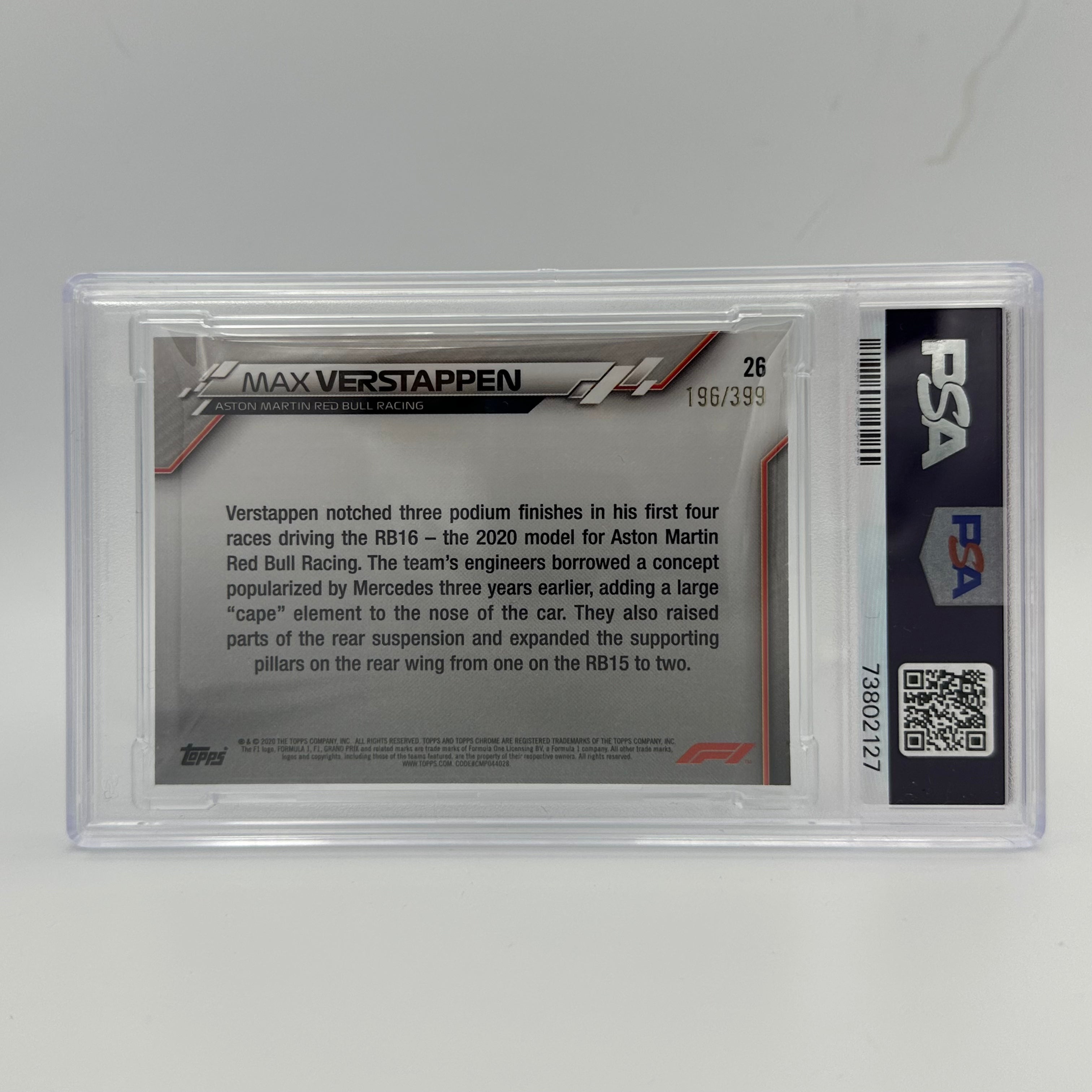 PSA 9 196/399 MAX VERSTAPPEN #26 Purple Refractor Rookie Card - 2021 Topps Chrome F1 Racing Collectible for Display & Investment