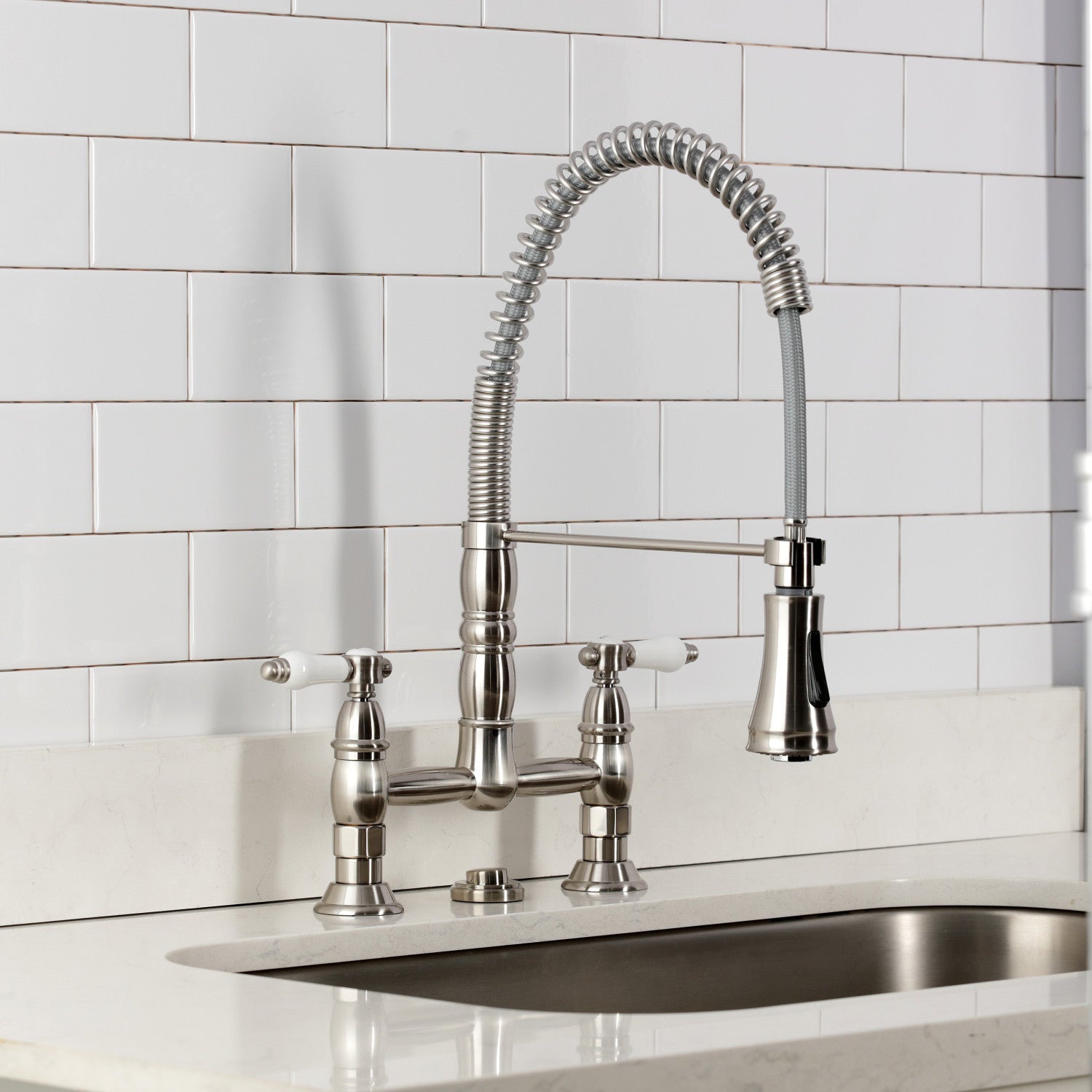 Bel Air GS1278BPL Brushed Nickel Double Handle 2-Hole Deck Mount Pre-Rinse Bridge Kitchen Faucet - Perfect for Commercial Kitchens & Restaurant Prep Areas