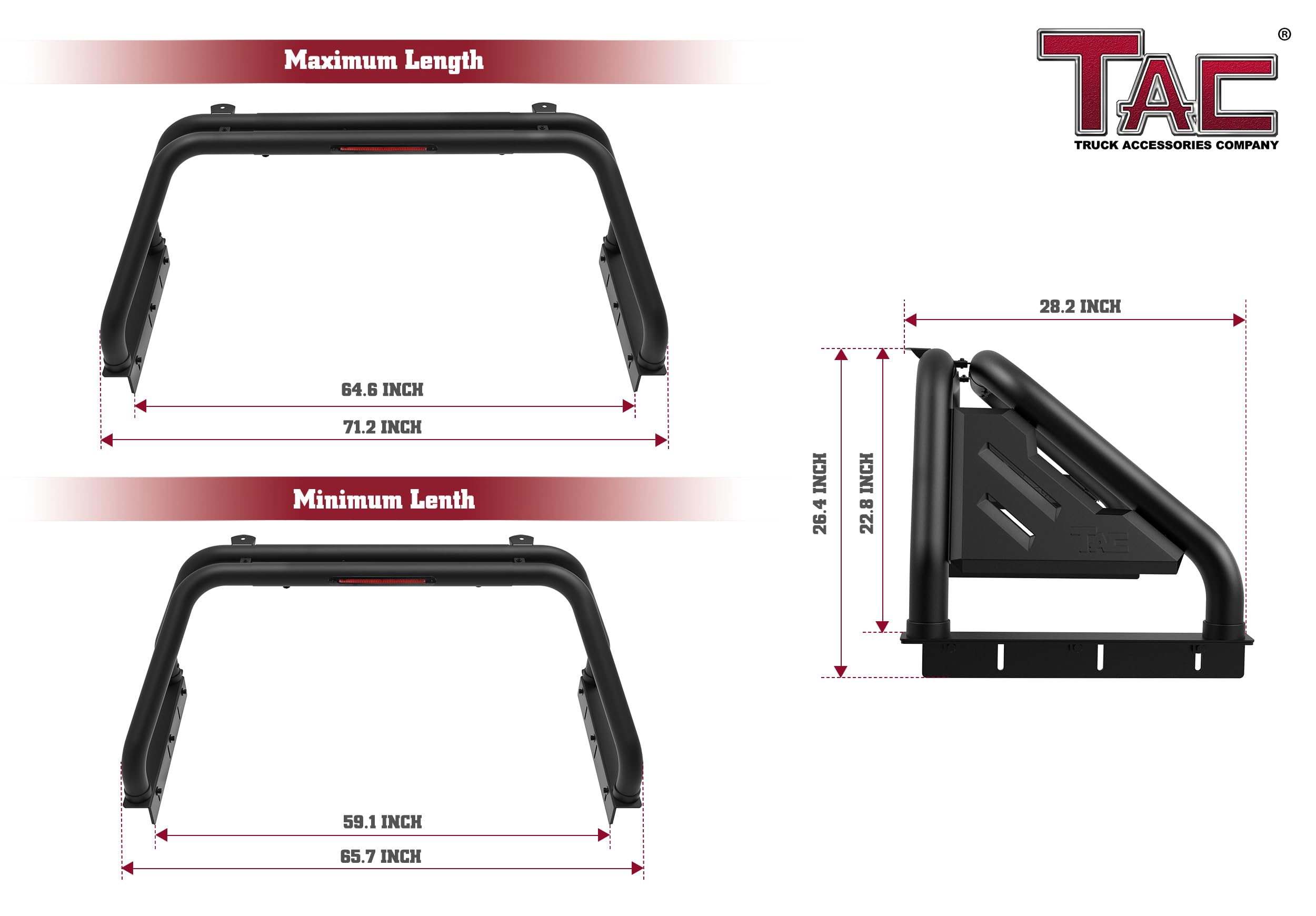 TAC T1 Roll Bar Sport Bar for 2002-2024 RAM 1500 & 2003-2024 RAM 2500/3500 Pickup Trucks | Heavy Duty Carbon Steel Construction | Matte Black Finish | Integrated LED Brake Light (Includes Mounting Plate) - Perfect for Off-Roading, Truck Customization & Enhanced Safety