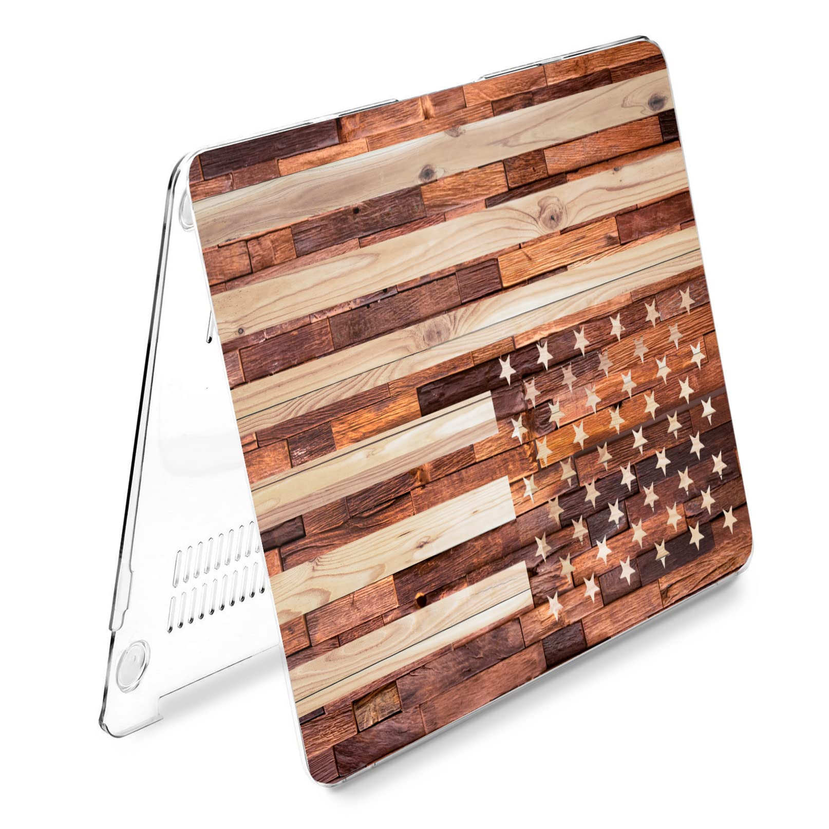 Patriotic Wooden Hard Case for MacBook Pro 13 inch (2016-2020 Models A1706/A1708/A1989/A2159/A2251/A2289/A2338) - USA Stars & Stripes American Flag Design - Perfect for Travel, Office & School Use