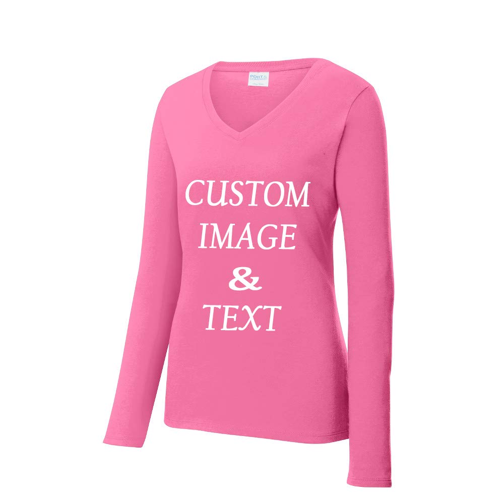 Custom Personalized Women's Long Sleeve Tee Shirt with Photos & Text - Pink Workout Shirt for Gym & Yoga - Large Size for Comfortable Fitness Wear